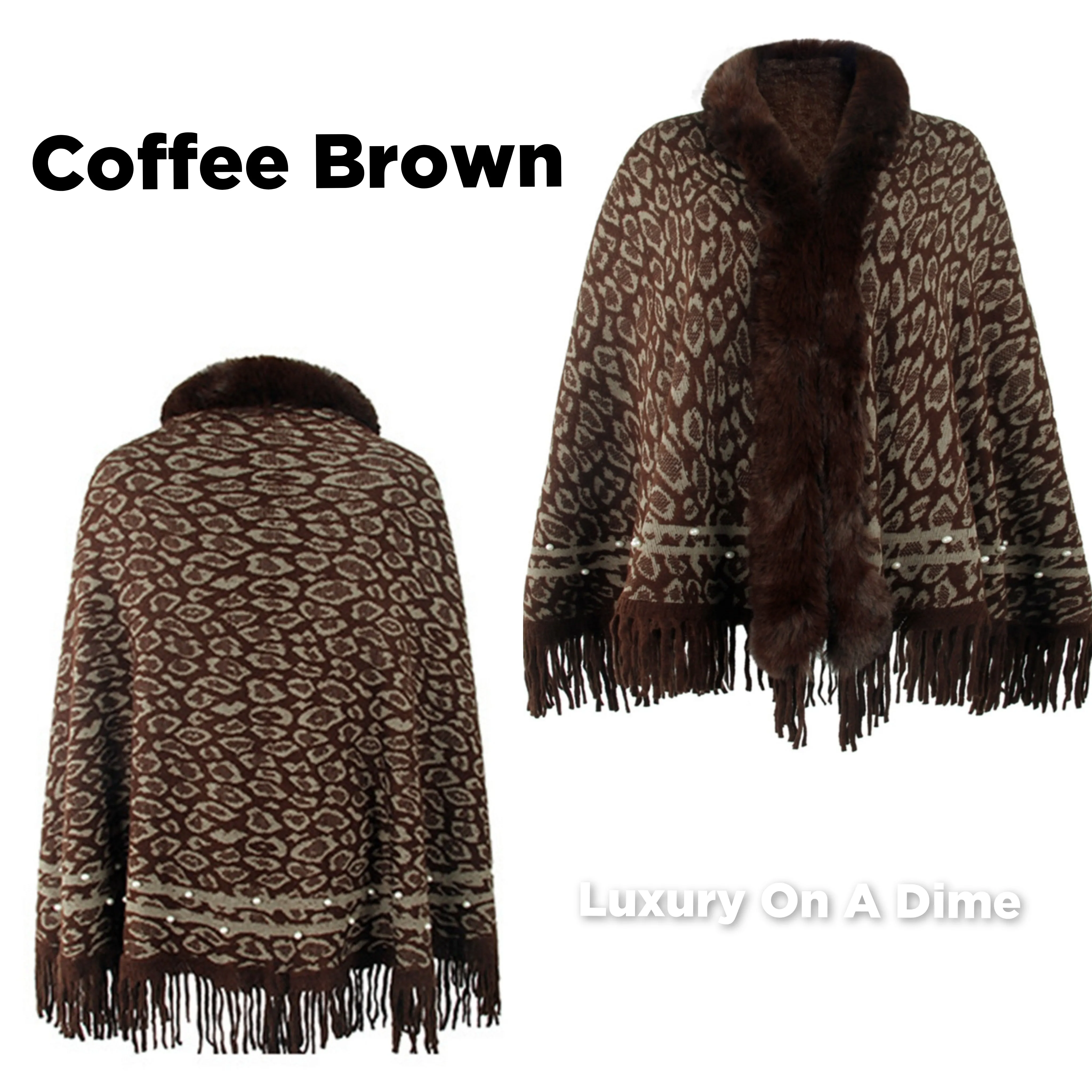 Leopard Faux Fur Beaded Retro Fringe Hem Knit Pullover Poncho