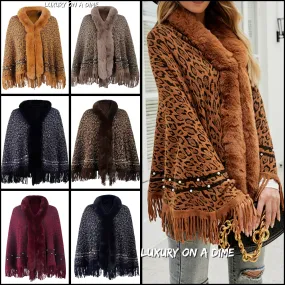 Leopard Faux Fur Beaded Retro Fringe Hem Knit Pullover Poncho