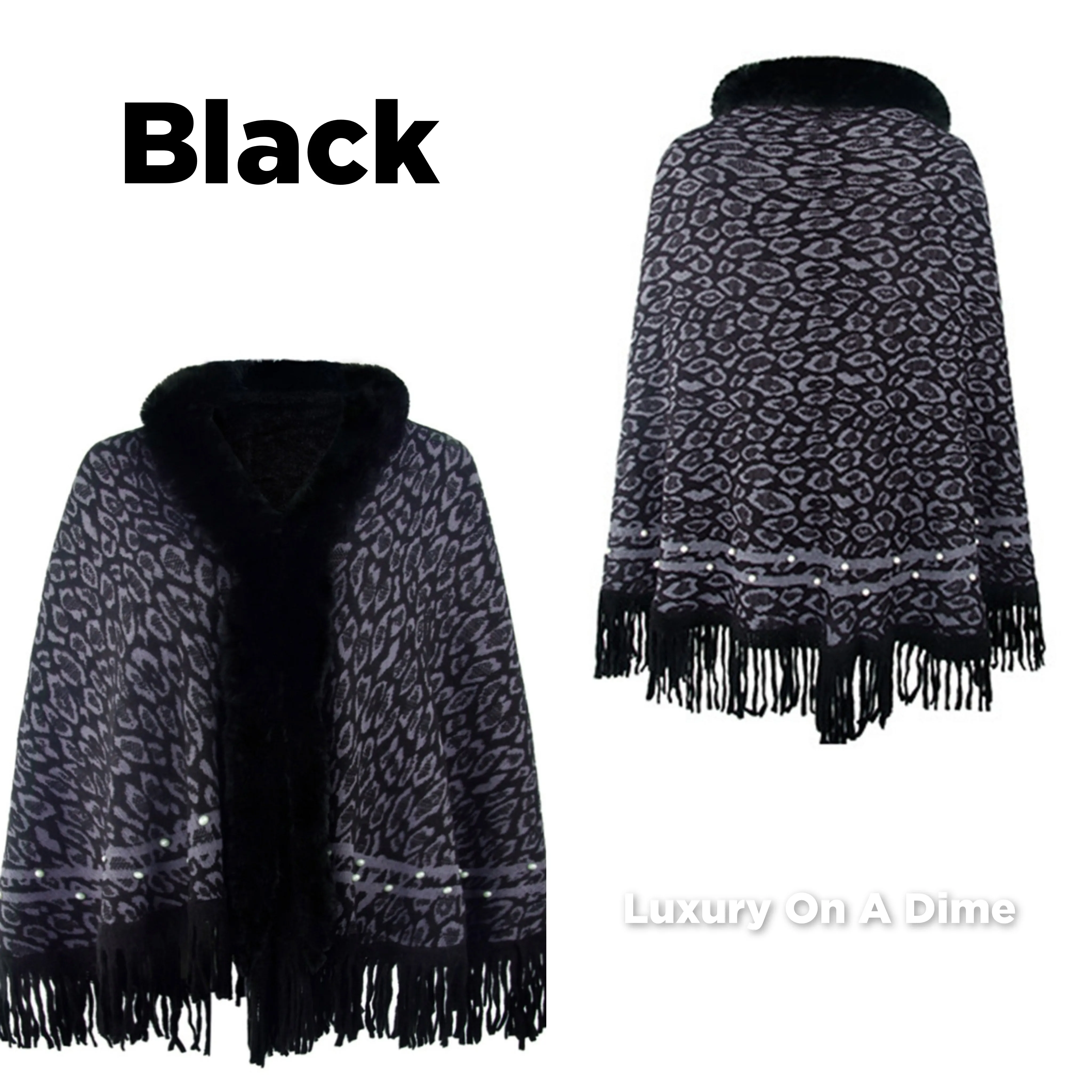 Leopard Faux Fur Beaded Retro Fringe Hem Knit Pullover Poncho