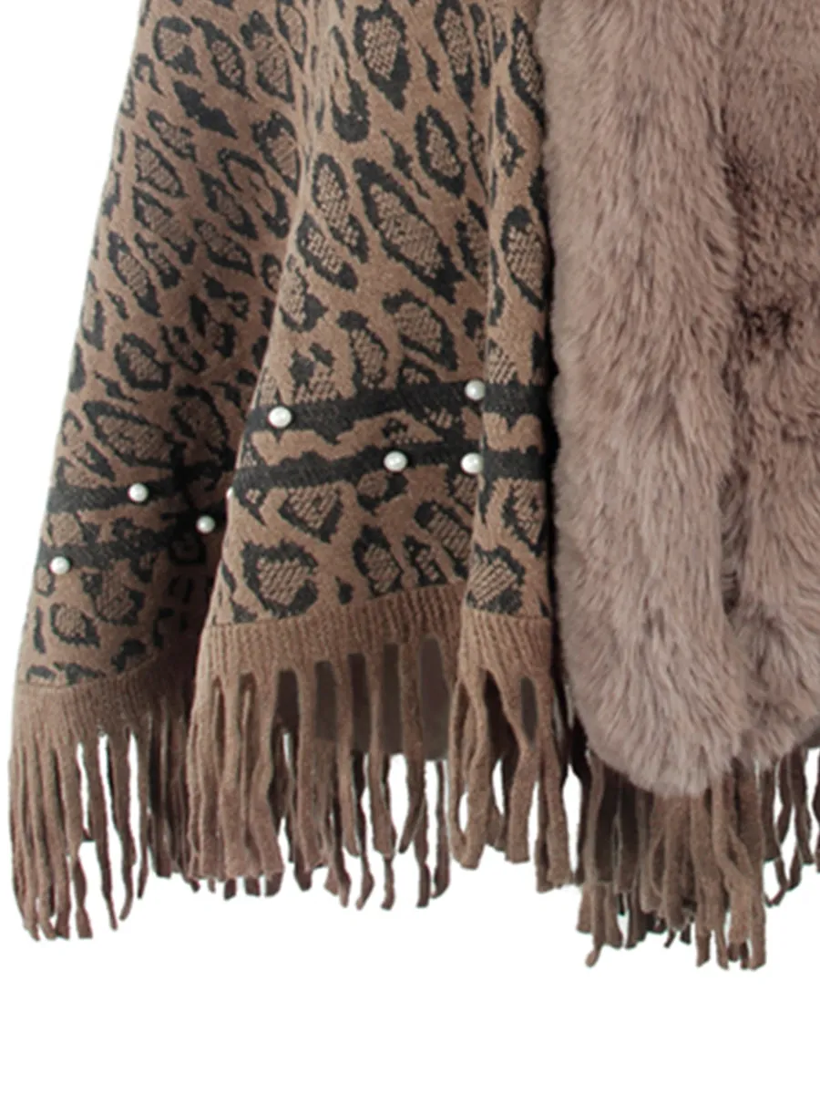 Leopard Faux Fur Beaded Retro Fringe Hem Knit Pullover Poncho