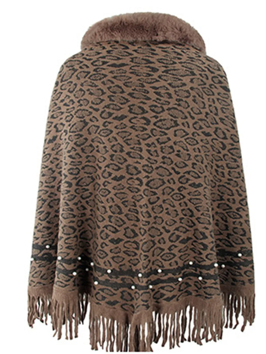 Leopard Faux Fur Beaded Retro Fringe Hem Knit Pullover Poncho