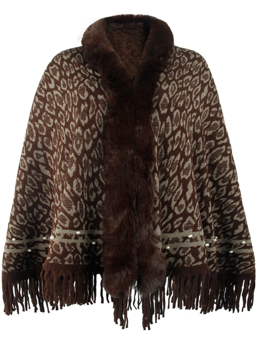 Leopard Faux Fur Beaded Retro Fringe Hem Knit Pullover Poncho