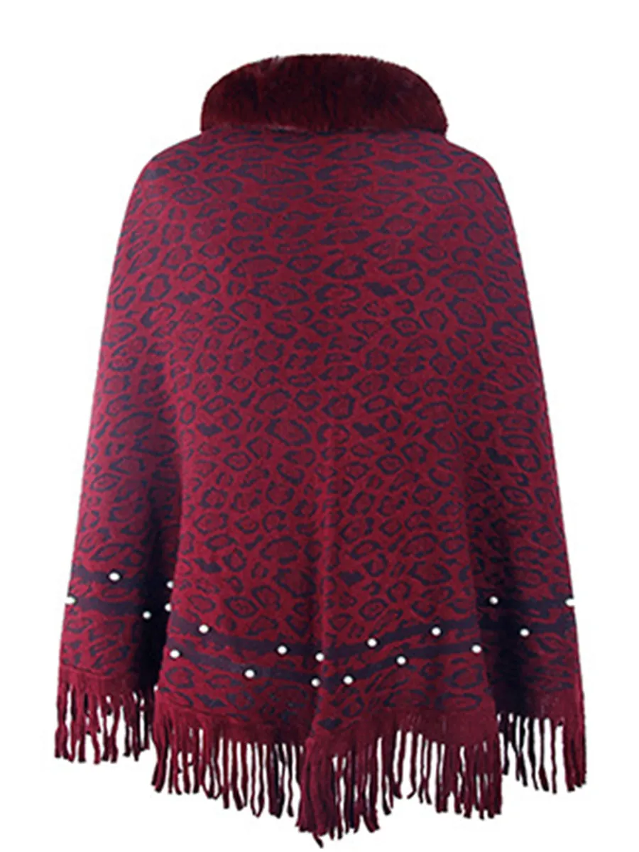 Leopard Faux Fur Beaded Retro Fringe Hem Knit Pullover Poncho