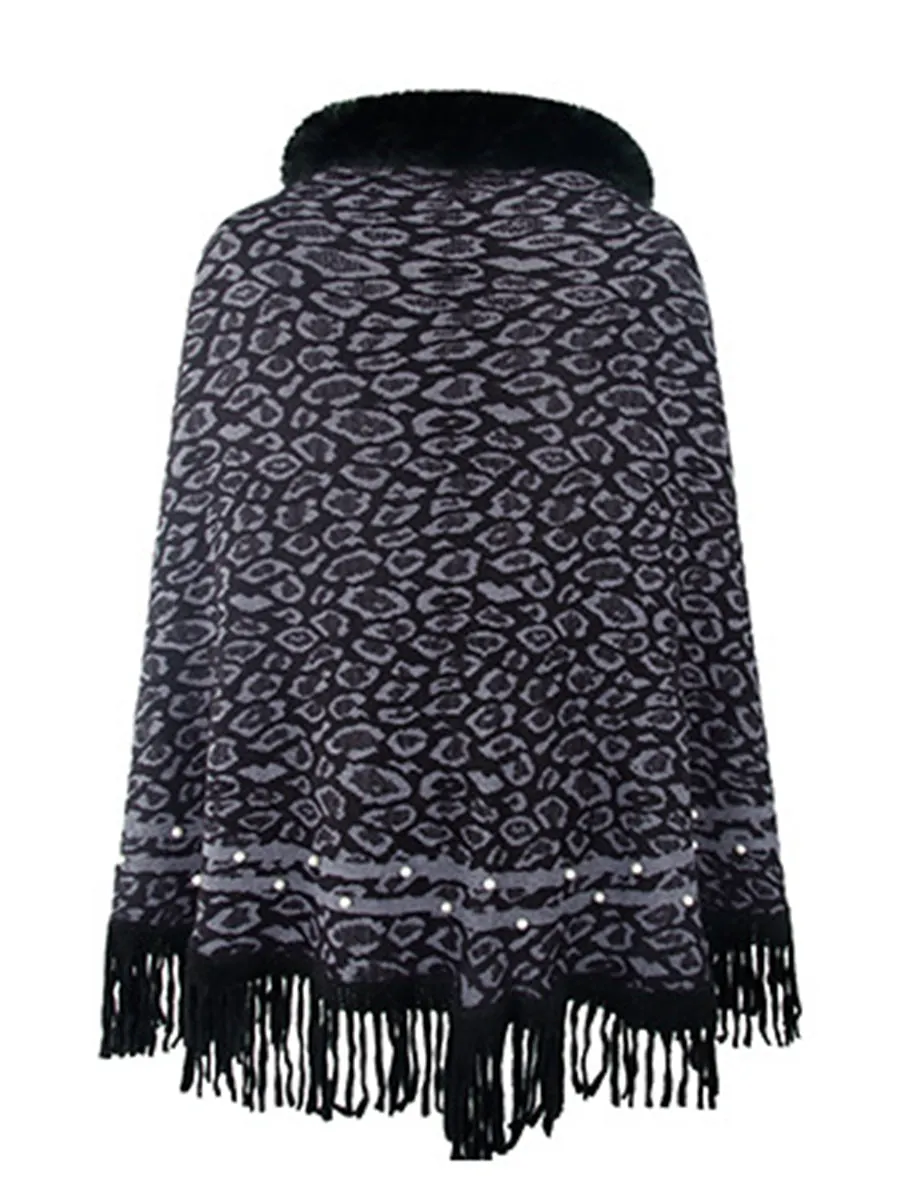 Leopard Faux Fur Beaded Retro Fringe Hem Knit Pullover Poncho