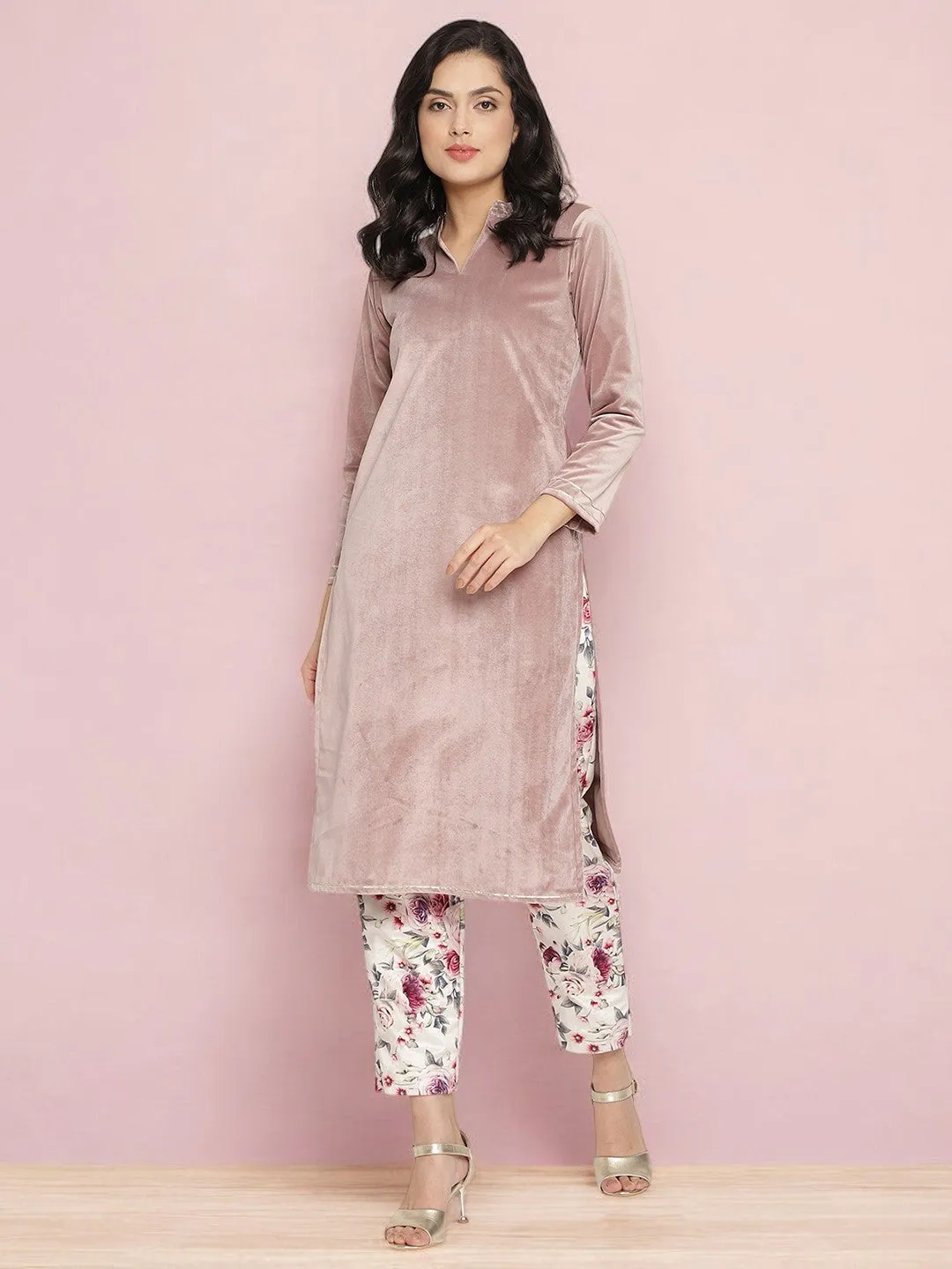 Lilac Solid Velvet Kurta & Floral Pant Set