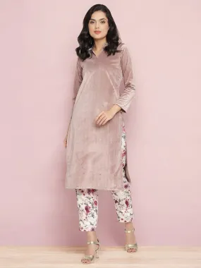 Lilac Solid Velvet Kurta & Floral Pant Set