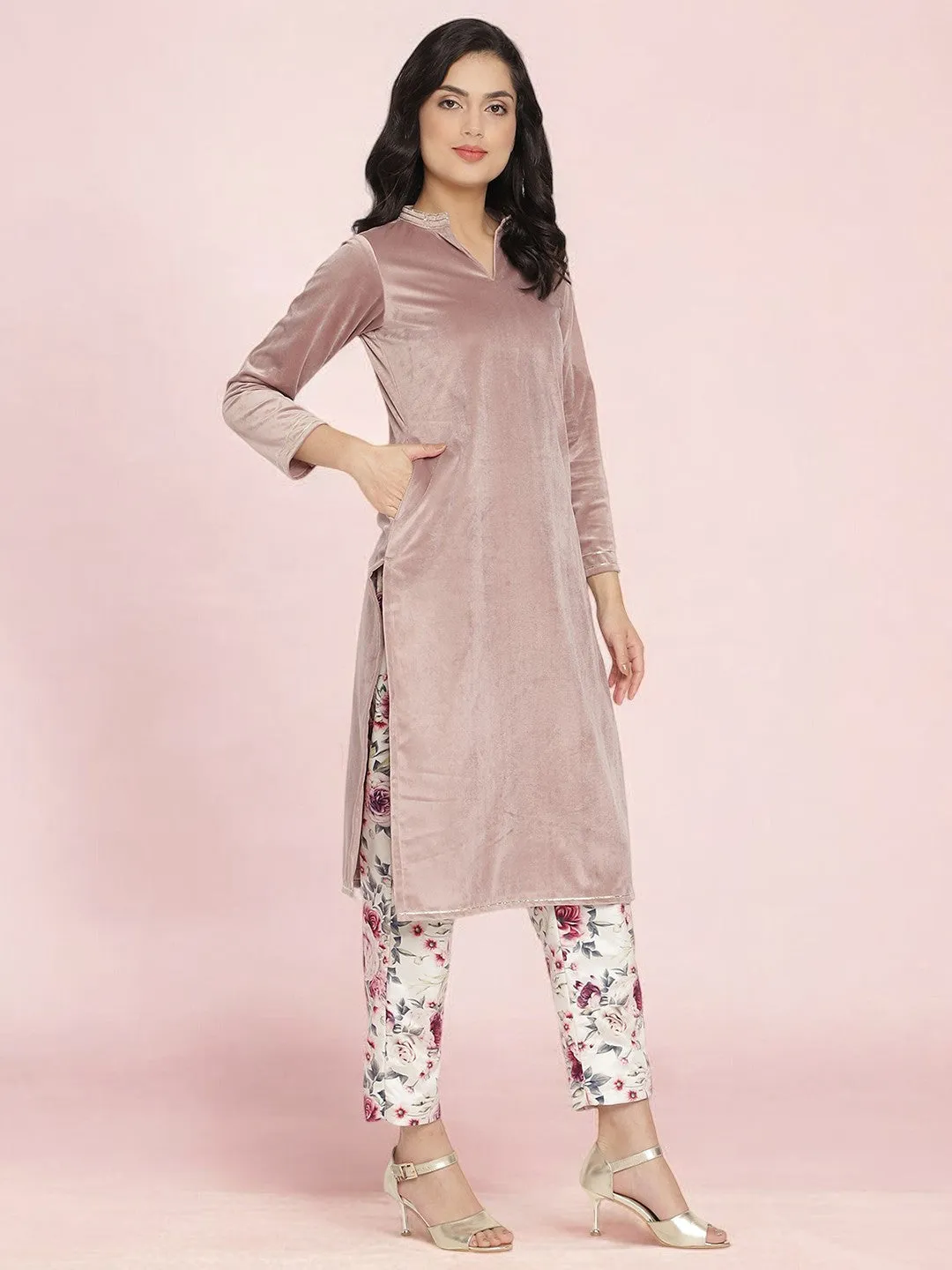 Lilac Solid Velvet Kurta & Floral Pant Set