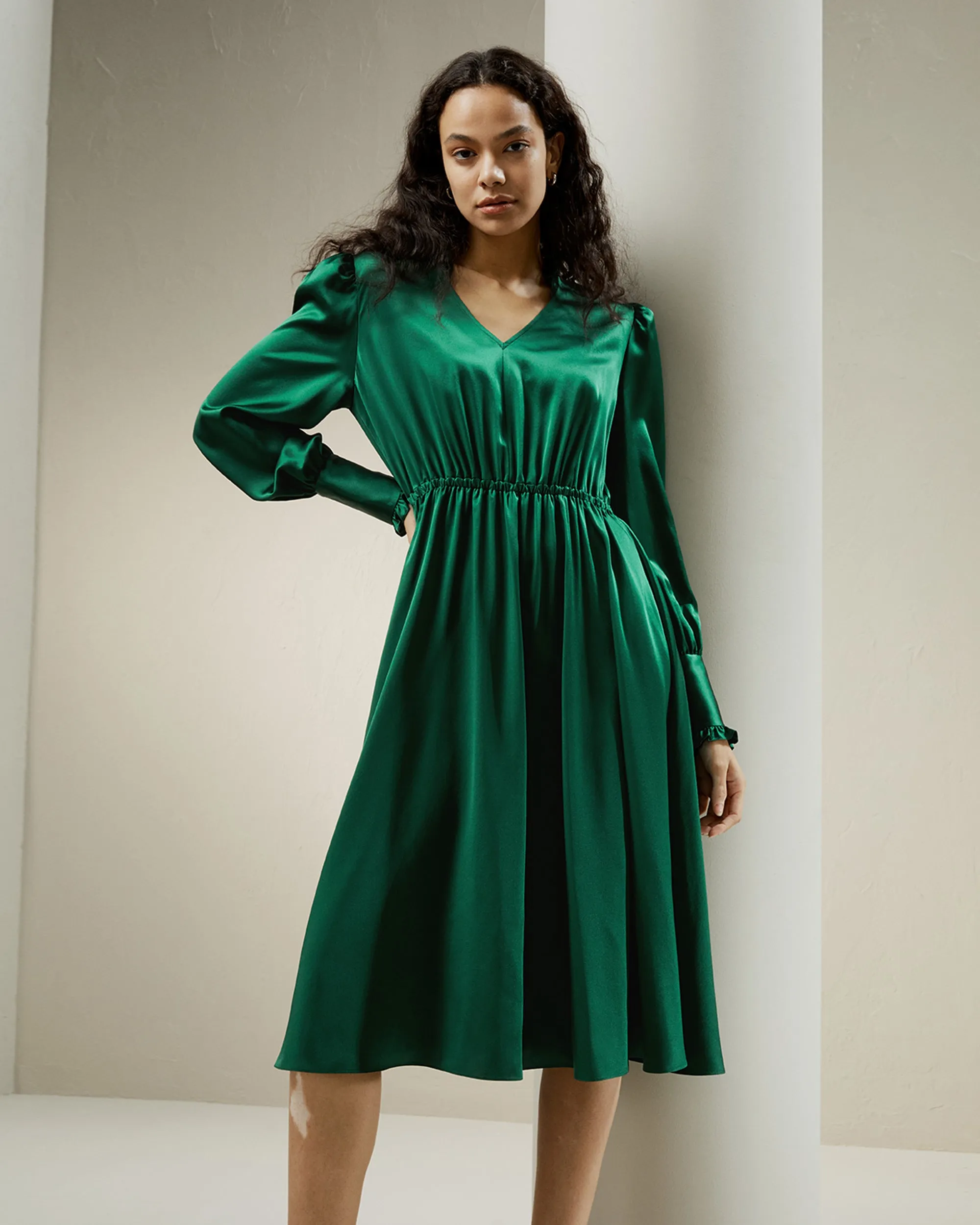 LILYSILK x CHARIS V Neck A line Midi Dress