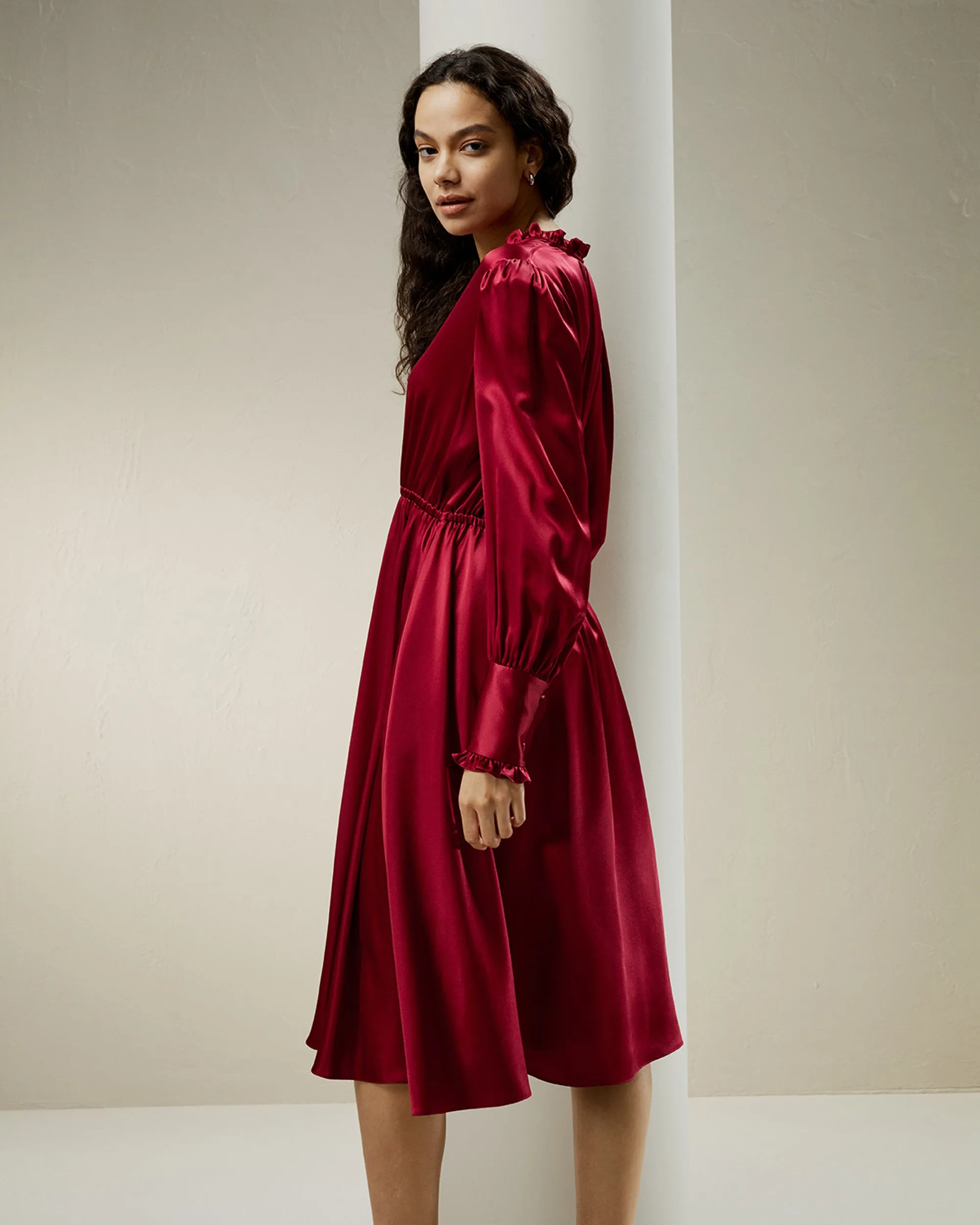 LILYSILK x CHARIS V Neck A line Midi Dress