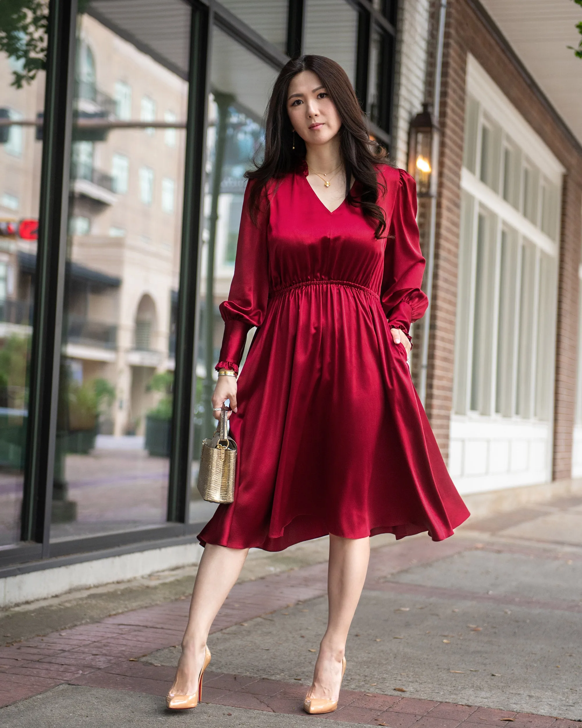 LILYSILK x CHARIS V Neck A line Midi Dress