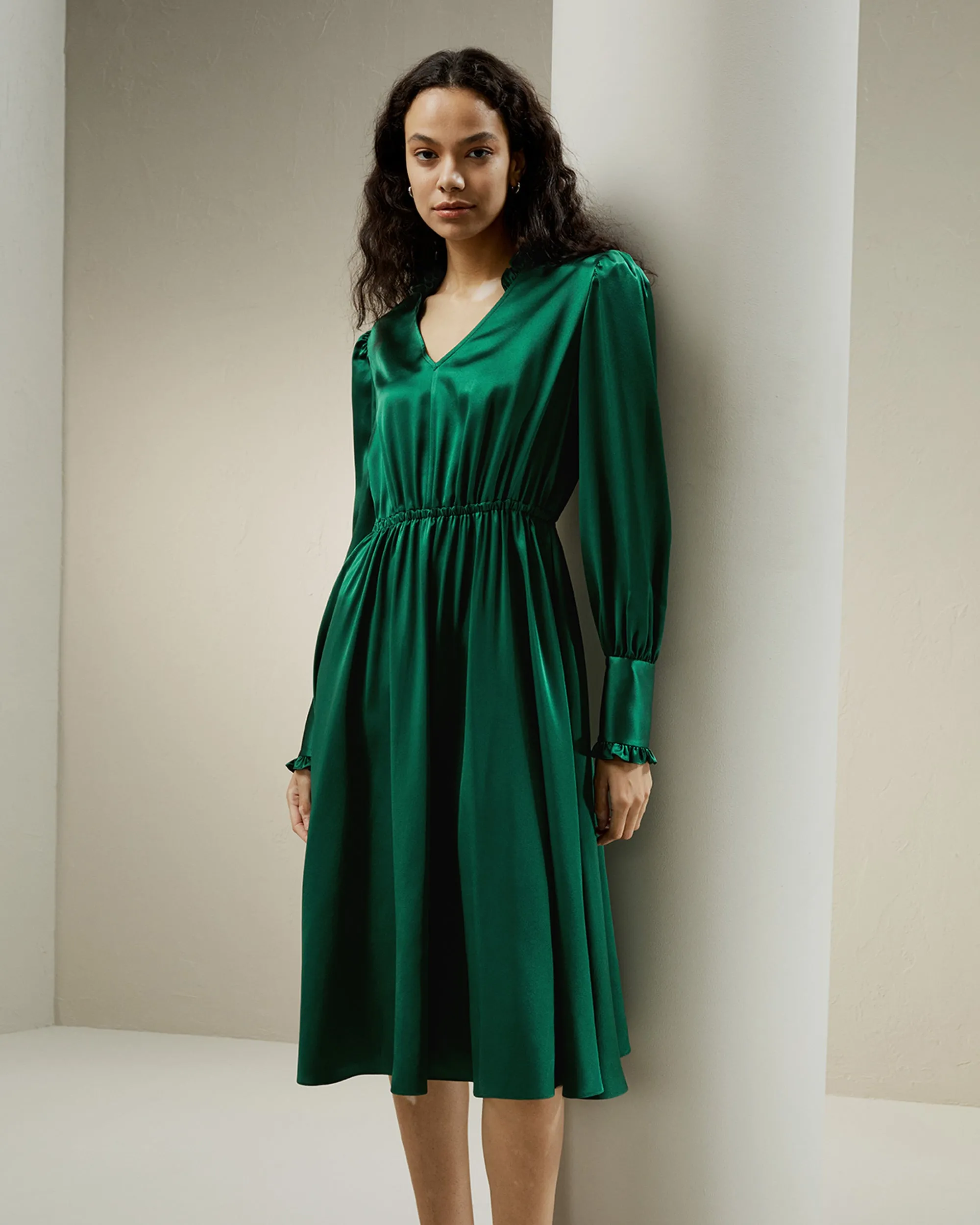 LILYSILK x CHARIS V Neck A line Midi Dress