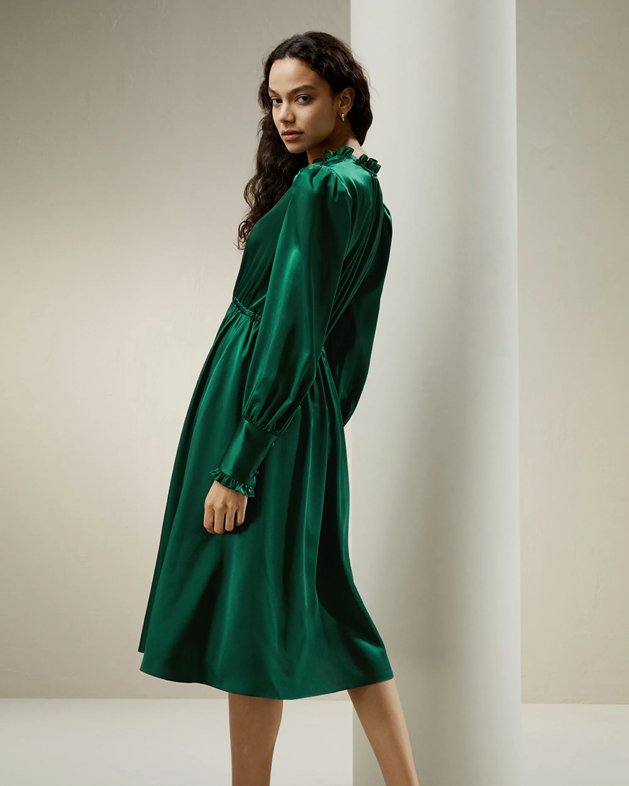 LILYSILK x CHARIS V Neck A line Midi Dress