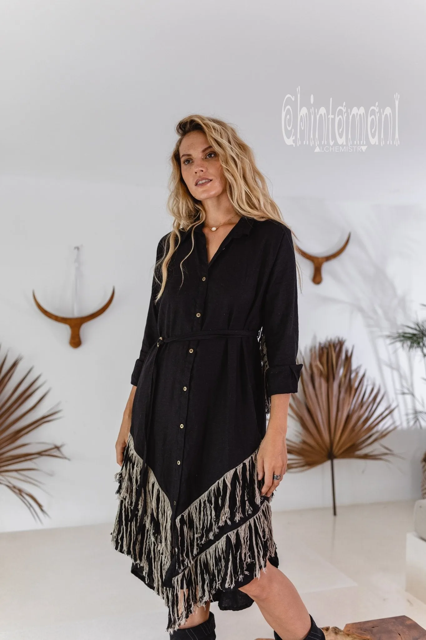 Linen Fringe Boho Shirt Dress for Women / Black