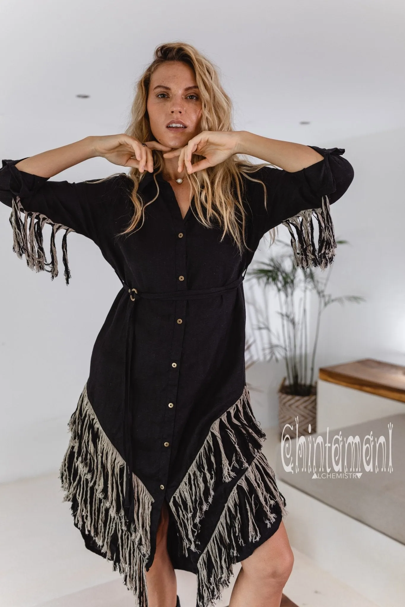 Linen Fringe Boho Shirt Dress for Women / Black