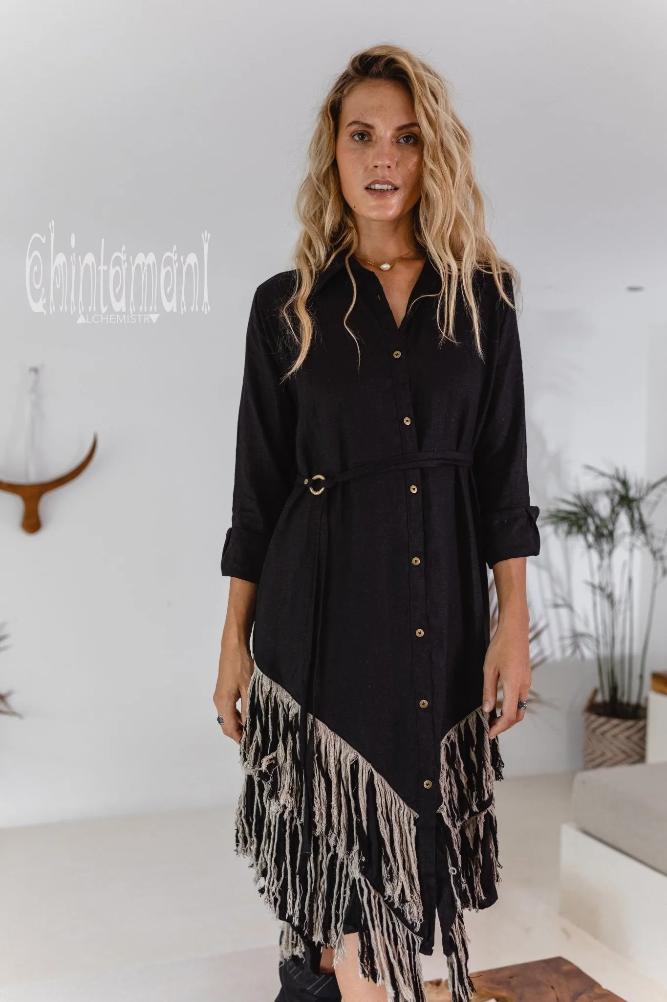 Linen Fringe Boho Shirt Dress for Women / Black