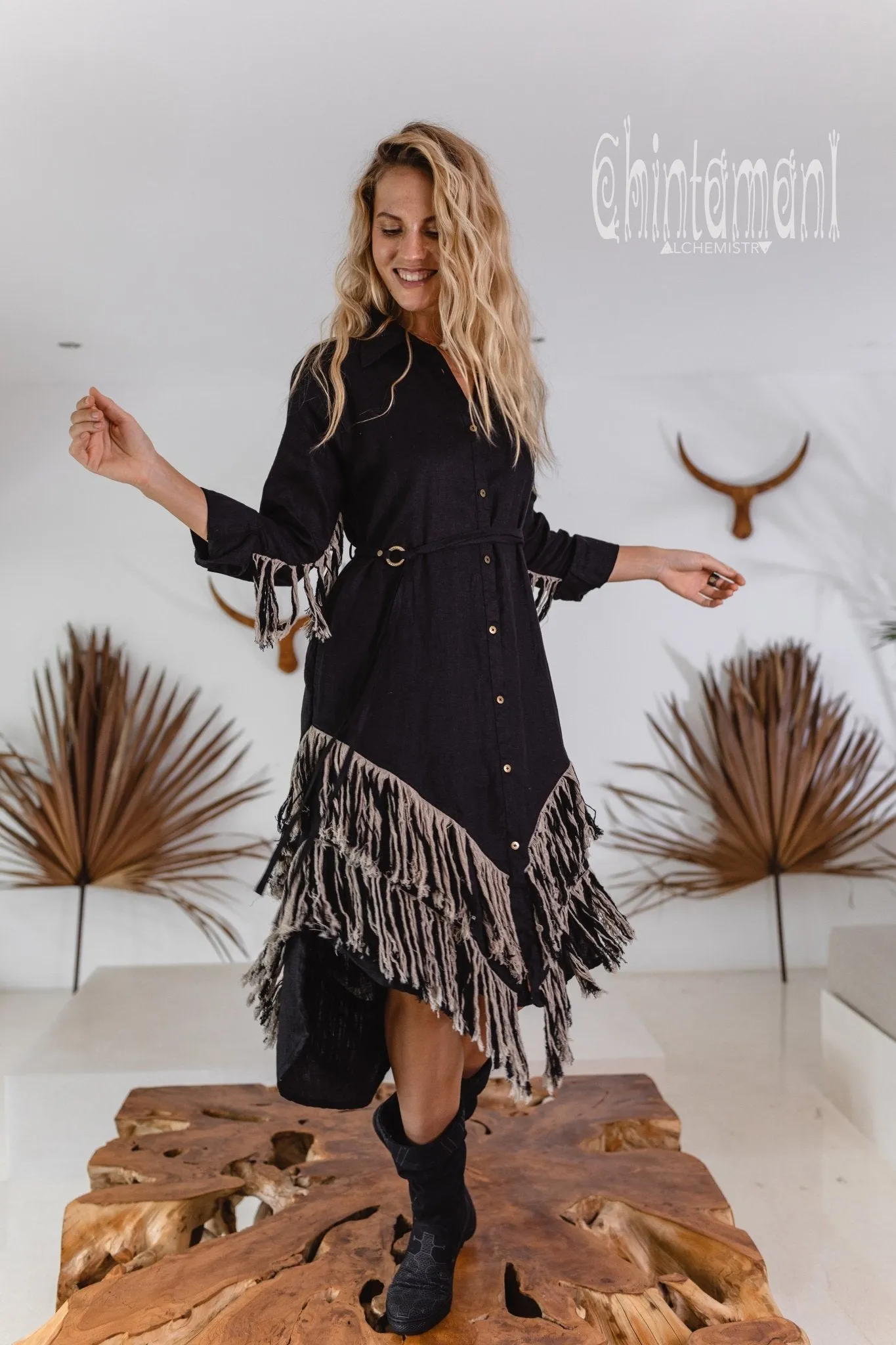 Linen Fringe Boho Shirt Dress for Women / Black