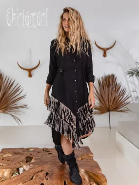 Linen Fringe Boho Shirt Dress for Women / Black