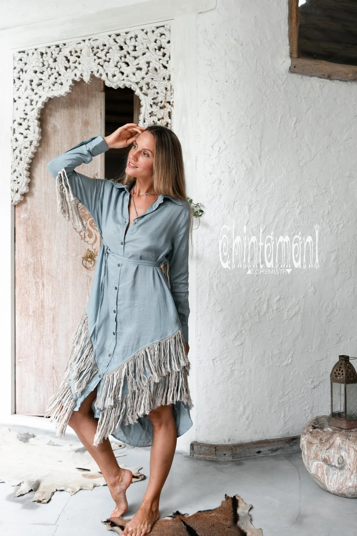 Linen Fringe Boho Shirt Dress for Women / Light Blue