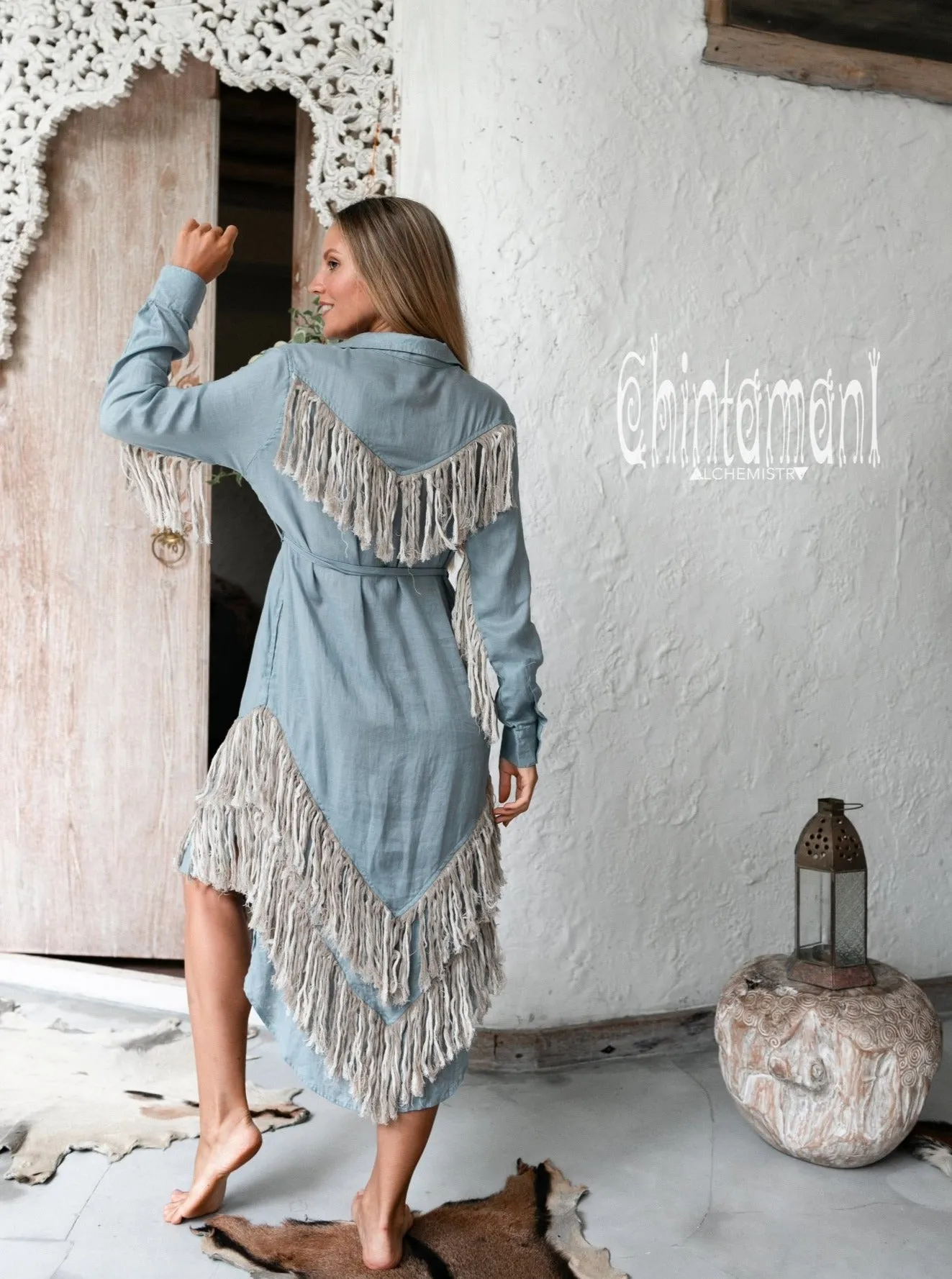 Linen Fringe Boho Shirt Dress for Women / Light Blue