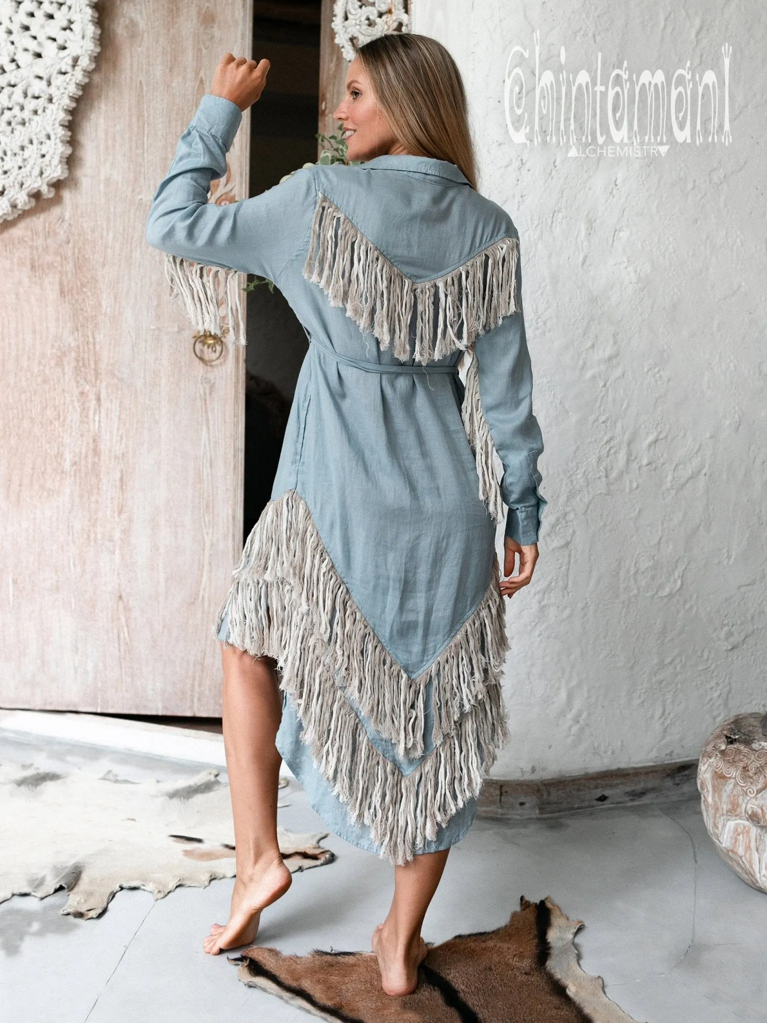 Linen Fringe Boho Shirt Dress for Women / Light Blue