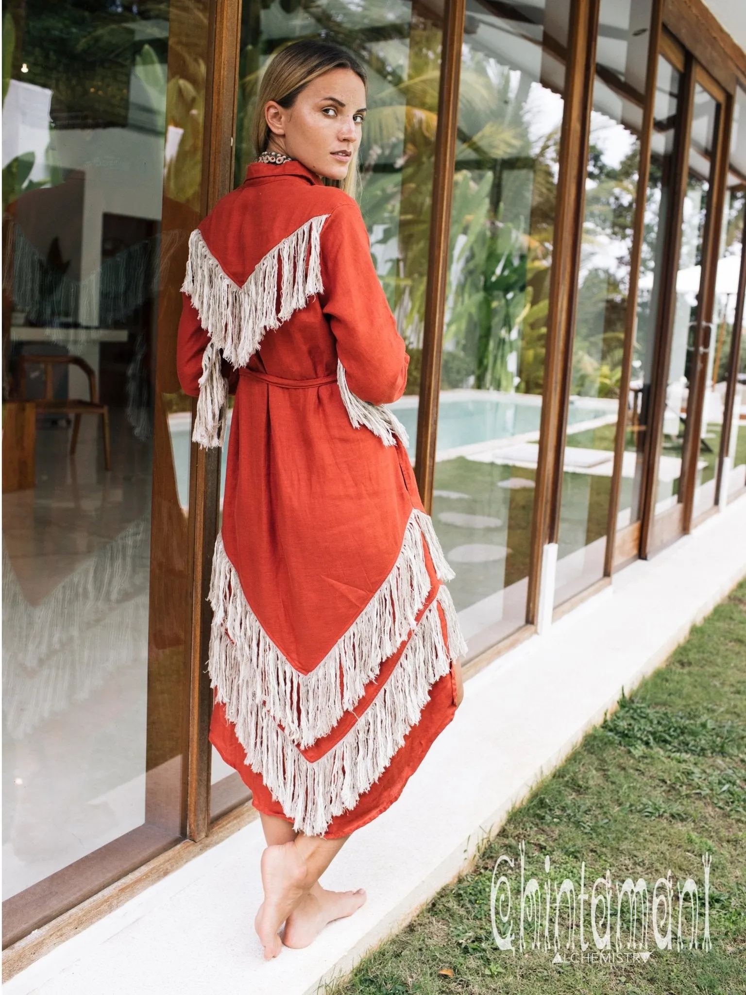 Linen Fringe Boho Shirt Dress for Women / Red Ochre