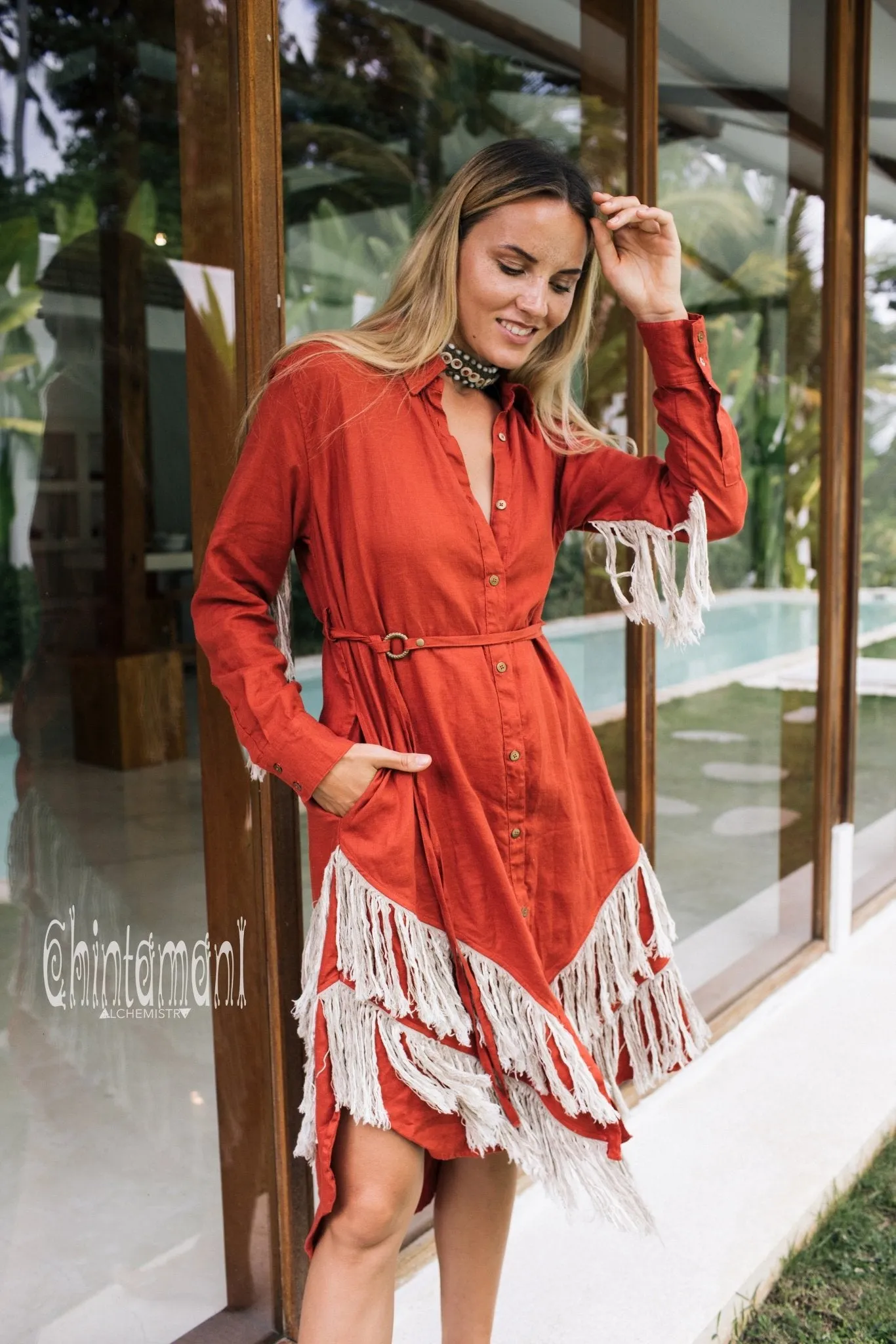 Linen Fringe Boho Shirt Dress for Women / Red Ochre