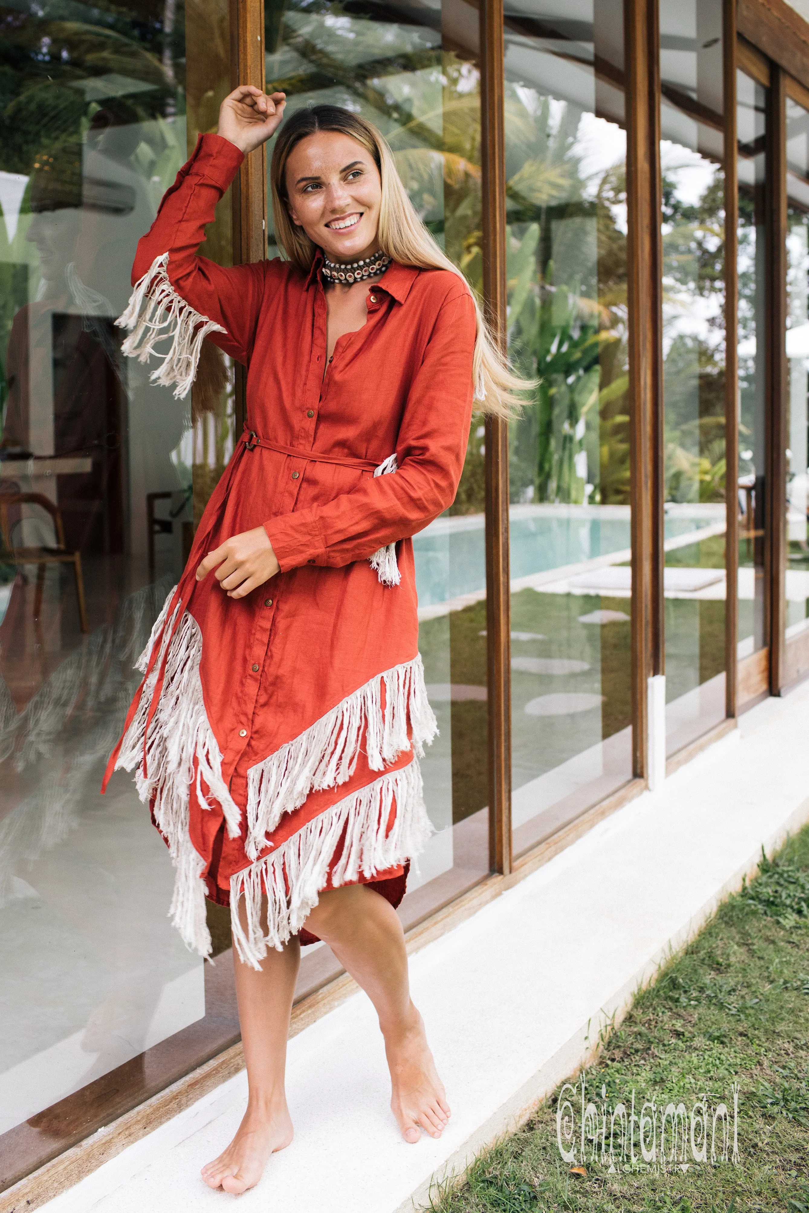 Linen Fringe Boho Shirt Dress for Women / Red Ochre