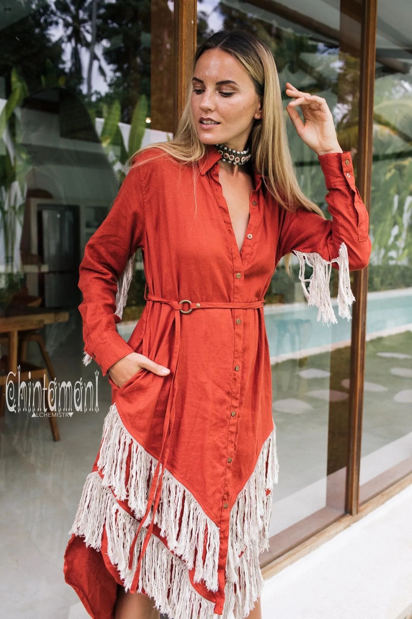 Linen Fringe Boho Shirt Dress for Women / Red Ochre