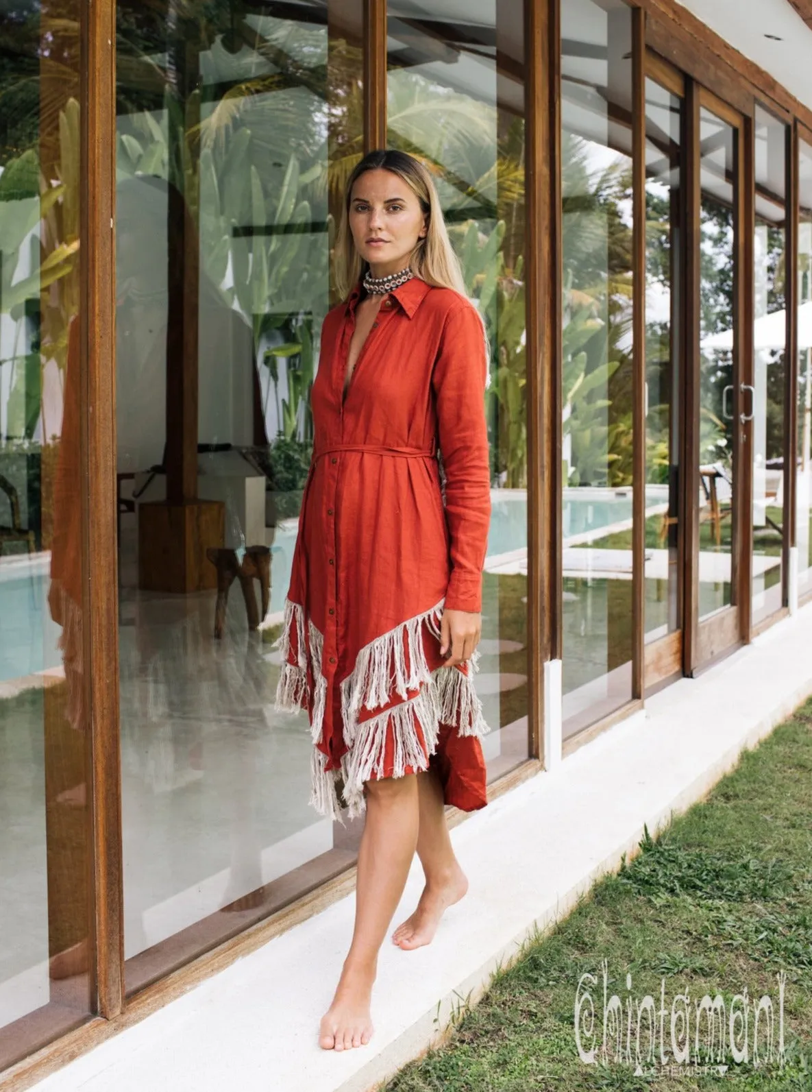 Linen Fringe Boho Shirt Dress for Women / Red Ochre