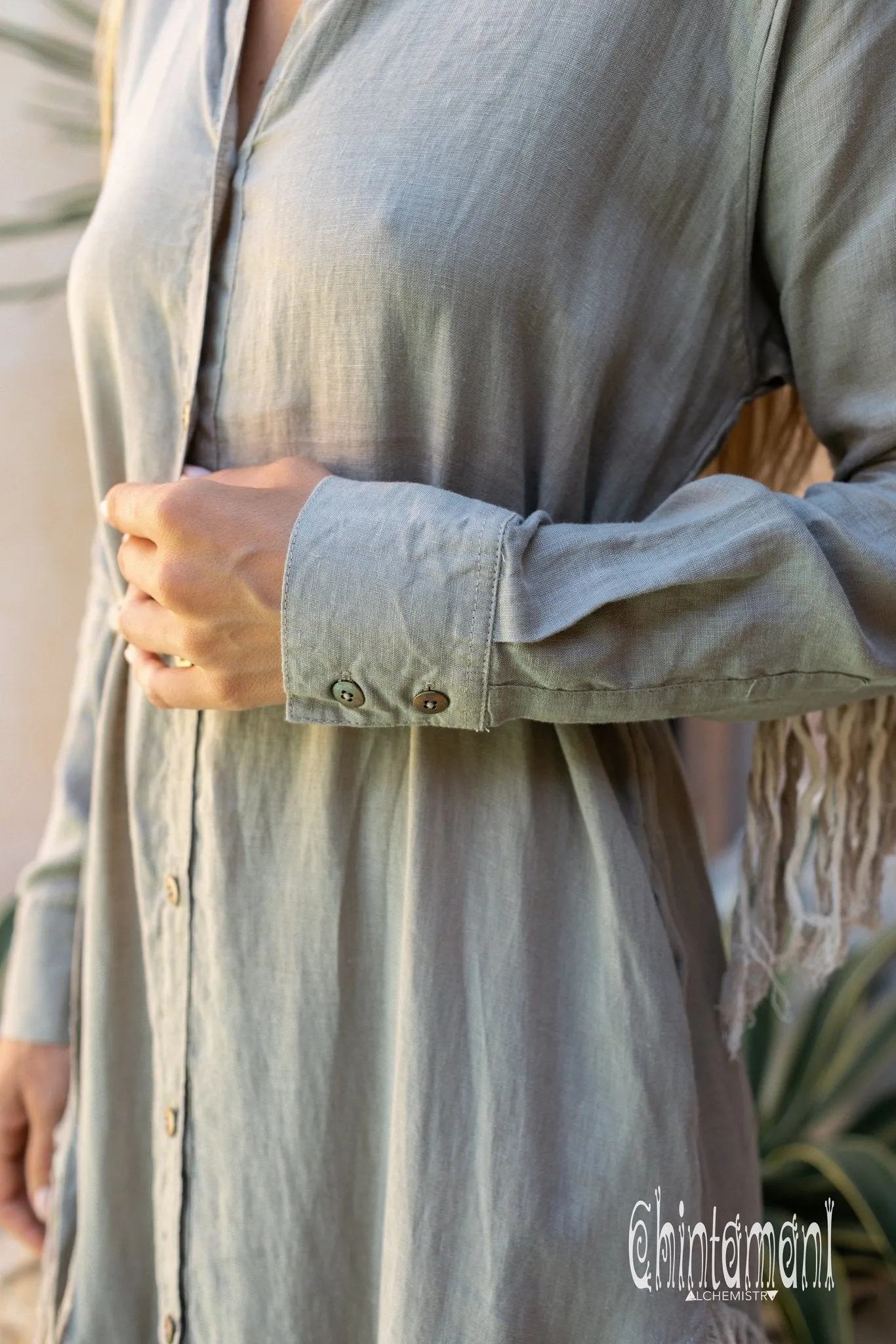 Linen Fringe Boho Shirt Dress for Women / Sage Green