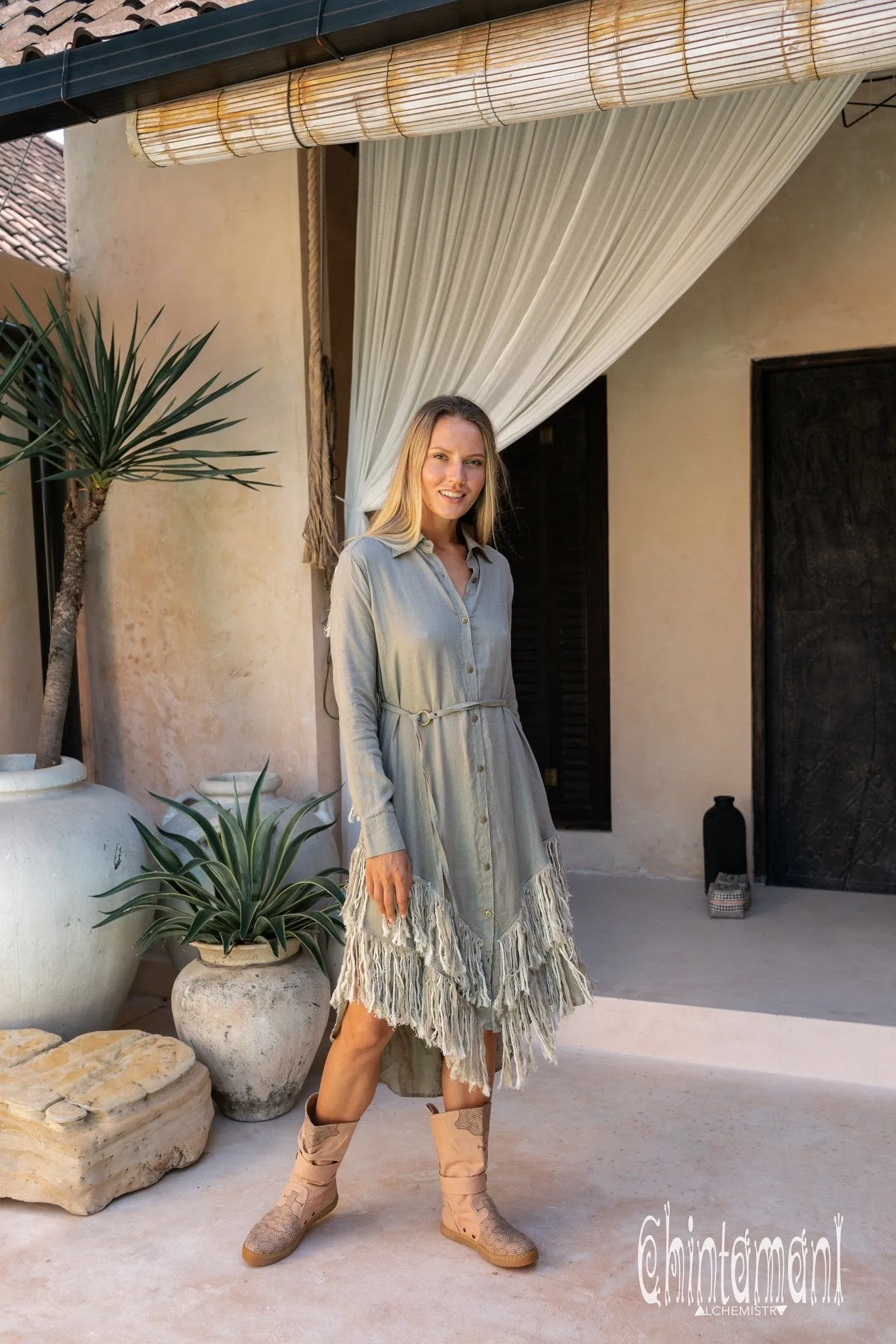 Linen Fringe Boho Shirt Dress for Women / Sage Green