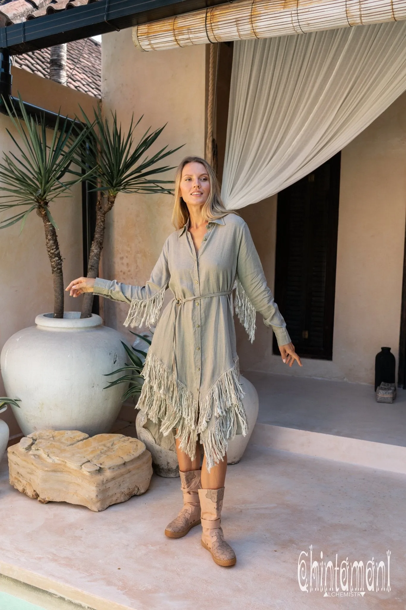 Linen Fringe Boho Shirt Dress for Women / Sage Green