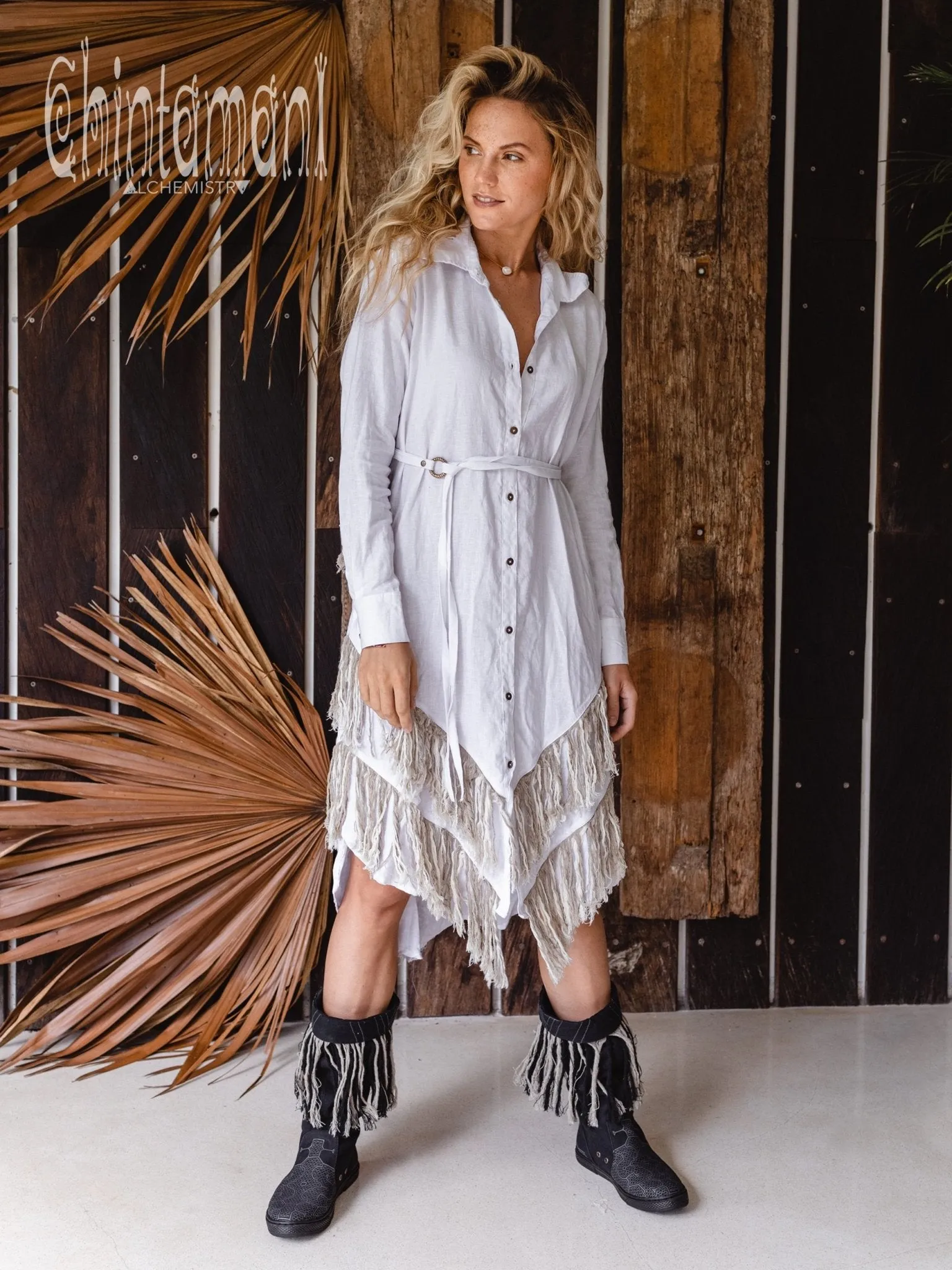 Linen Fringe Boho Shirt Dress for Women / White