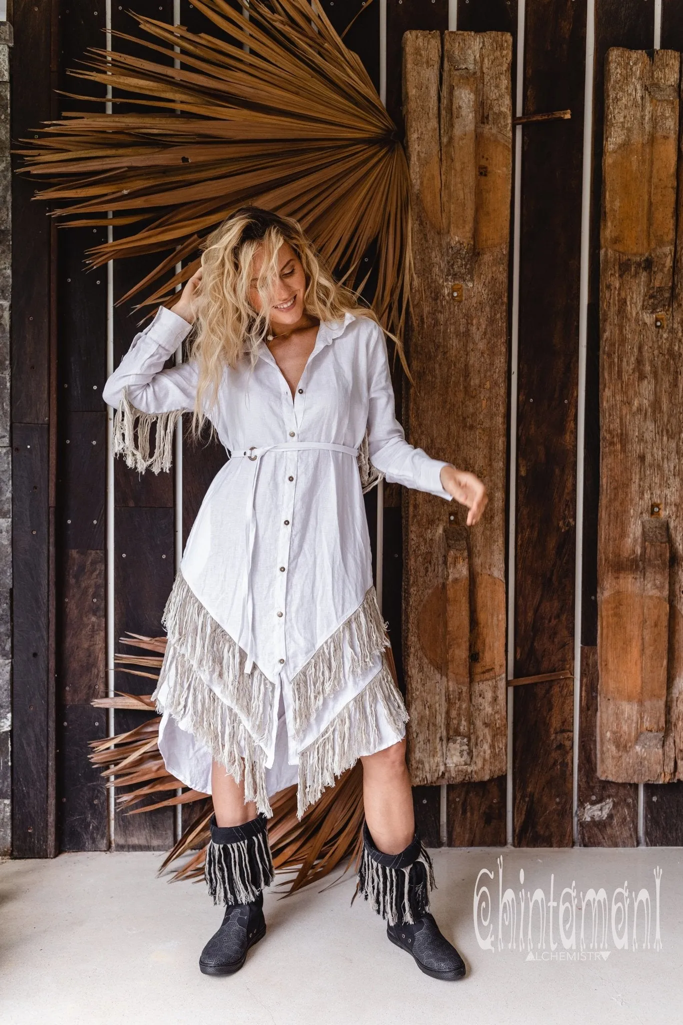 Linen Fringe Boho Shirt Dress for Women / White