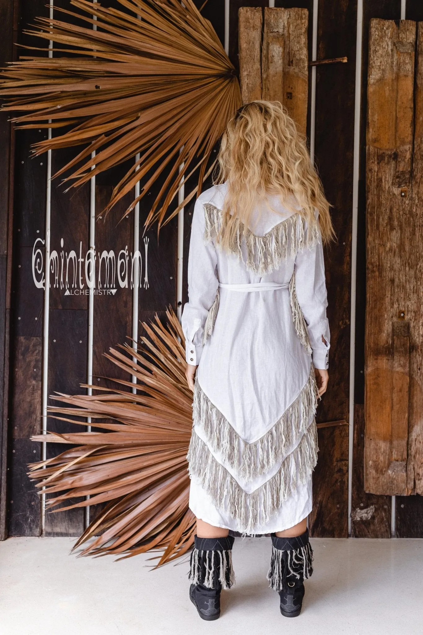 Linen Fringe Boho Shirt Dress for Women / White