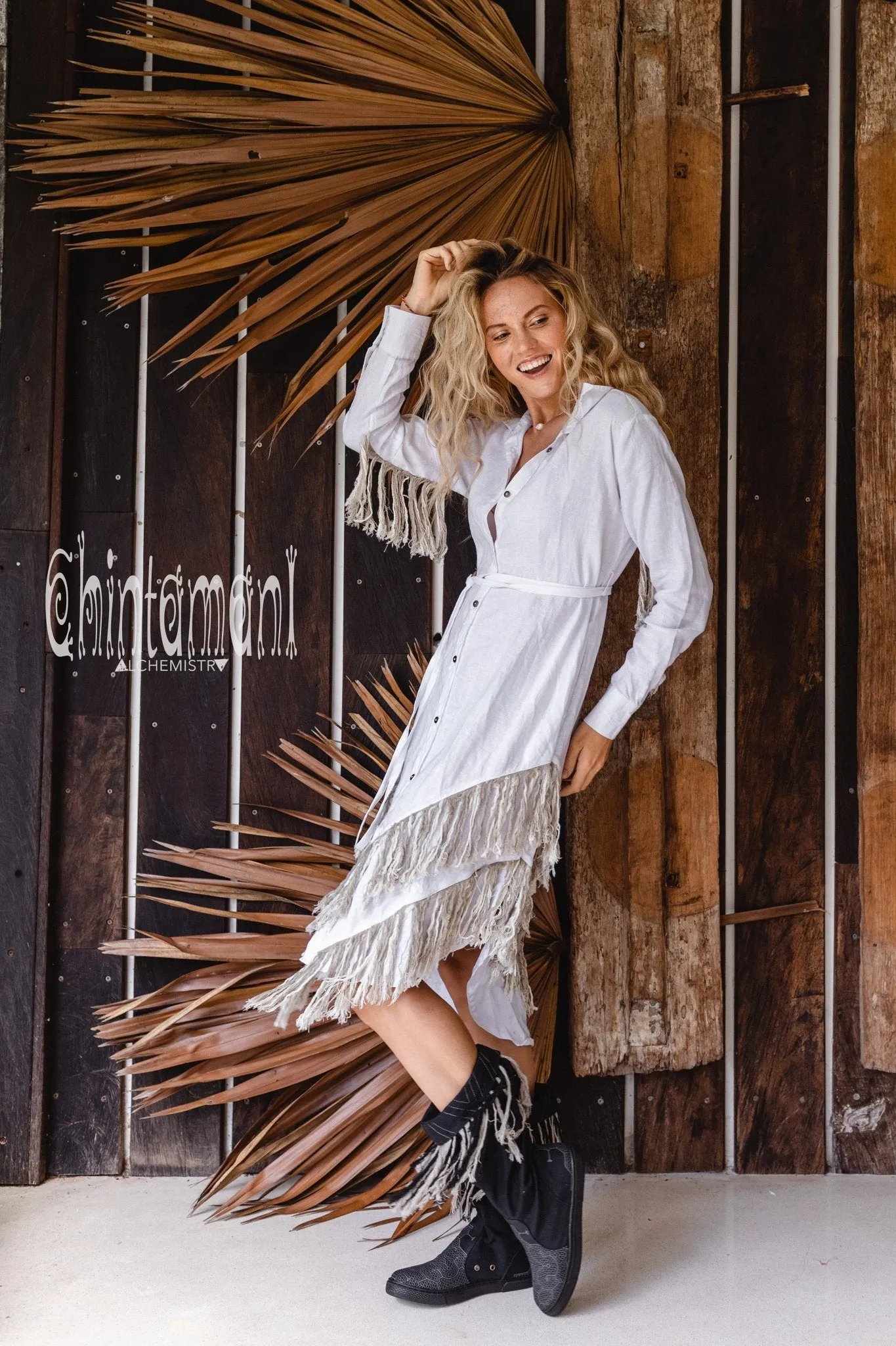 Linen Fringe Boho Shirt Dress for Women / White