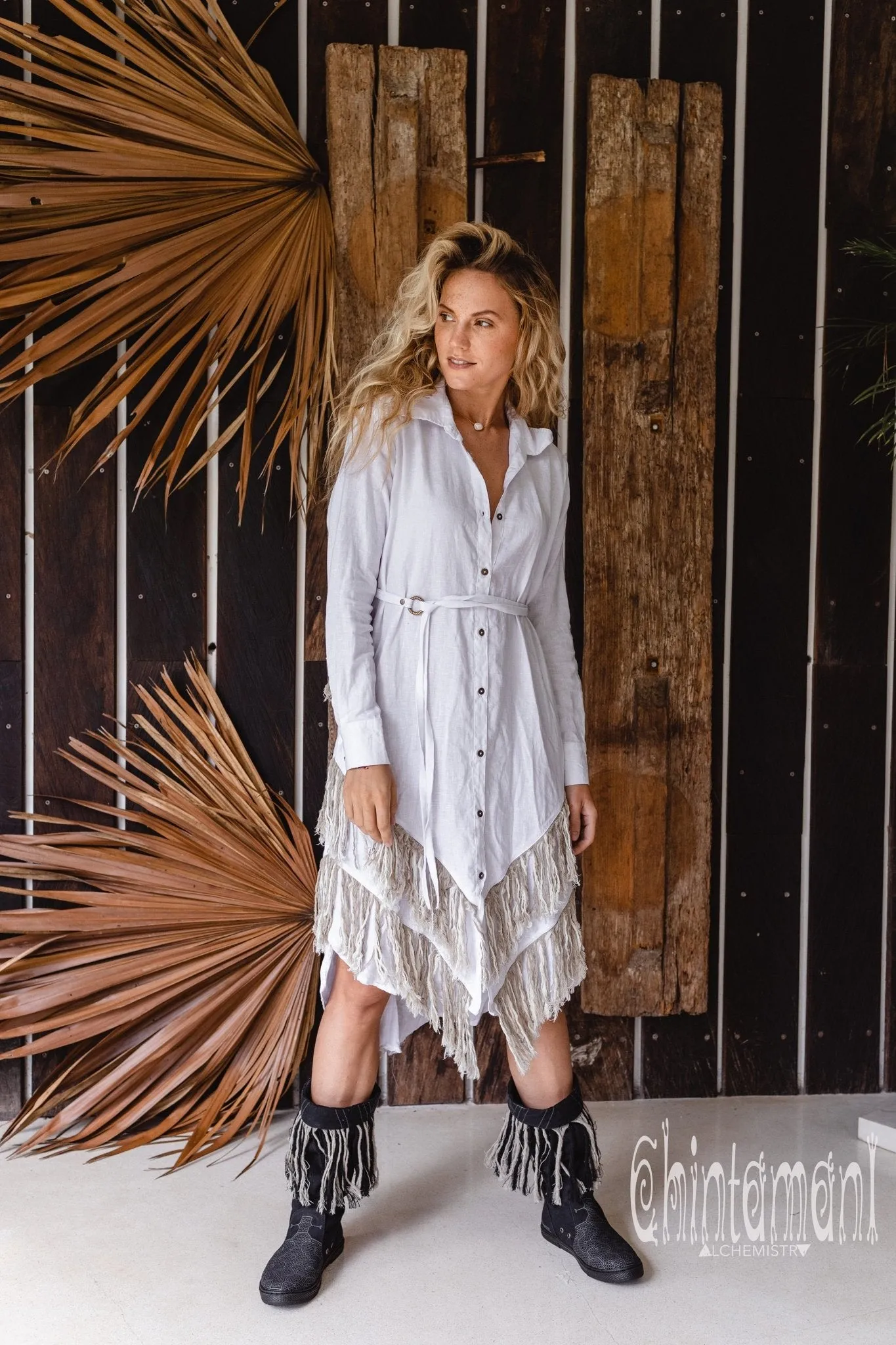 Linen Fringe Boho Shirt Dress for Women / White