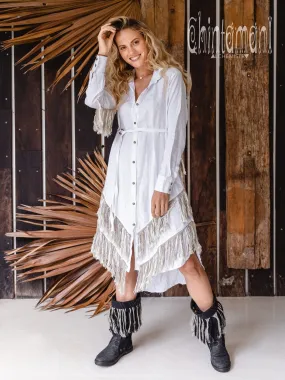 Linen Fringe Boho Shirt Dress for Women / White