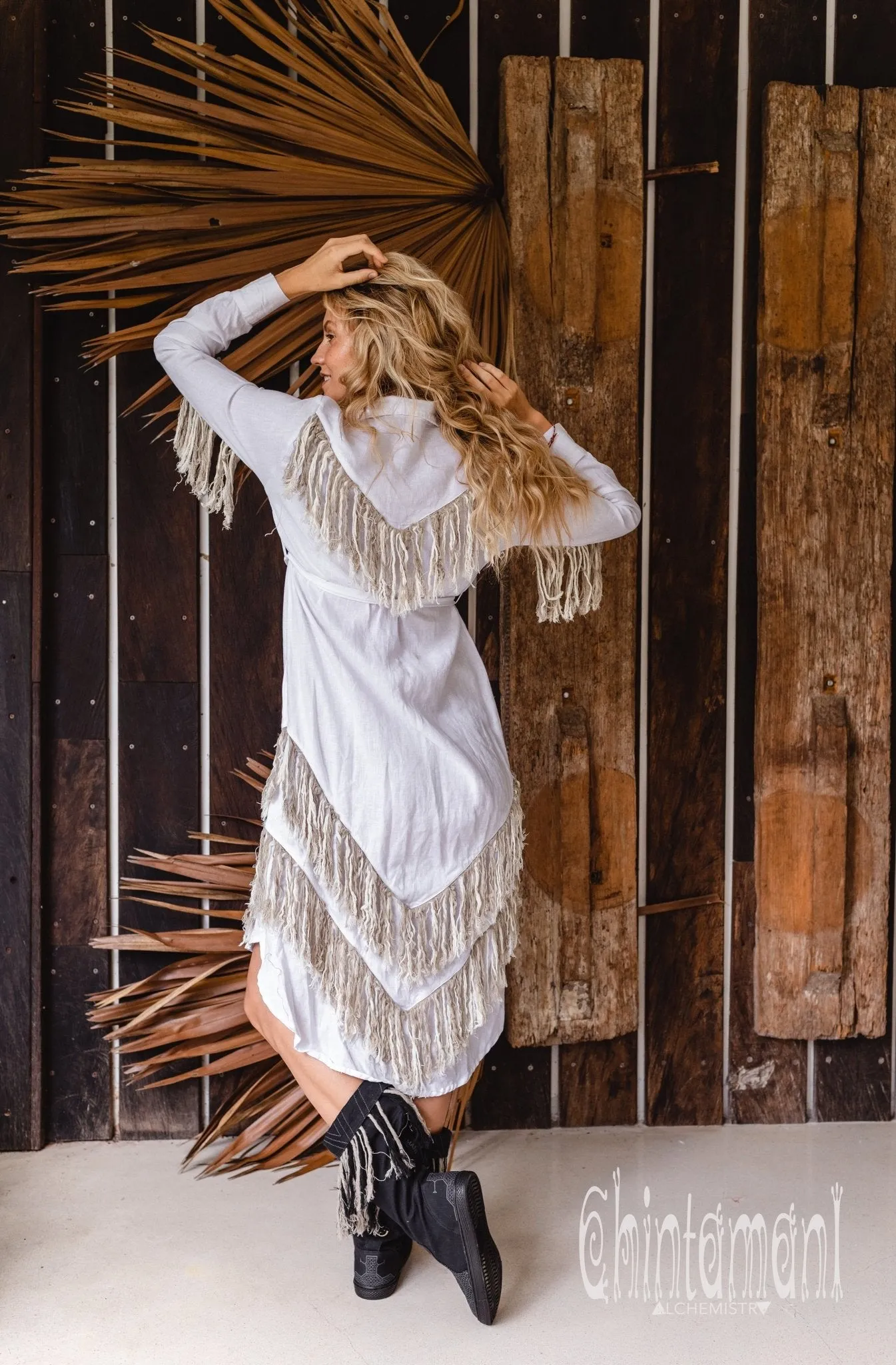 Linen Fringe Boho Shirt Dress for Women / White