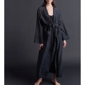 Long Claudette Robe in Black Silk Cotton Voile