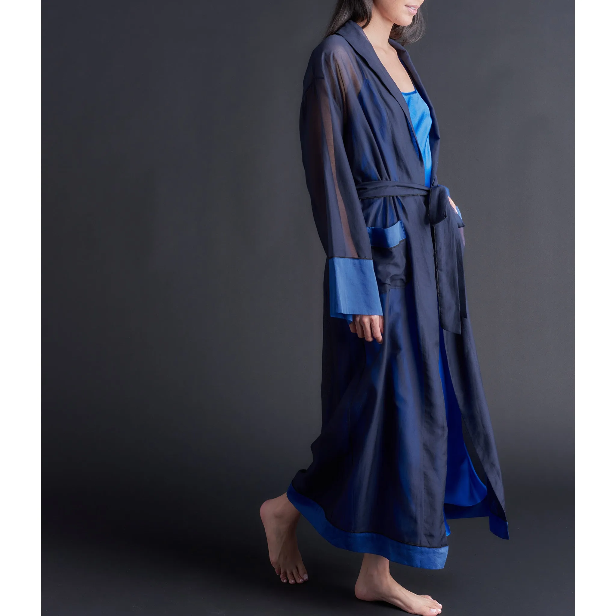 Long Claudette Robe in Color-block Sapphire Silk Cotton Voile