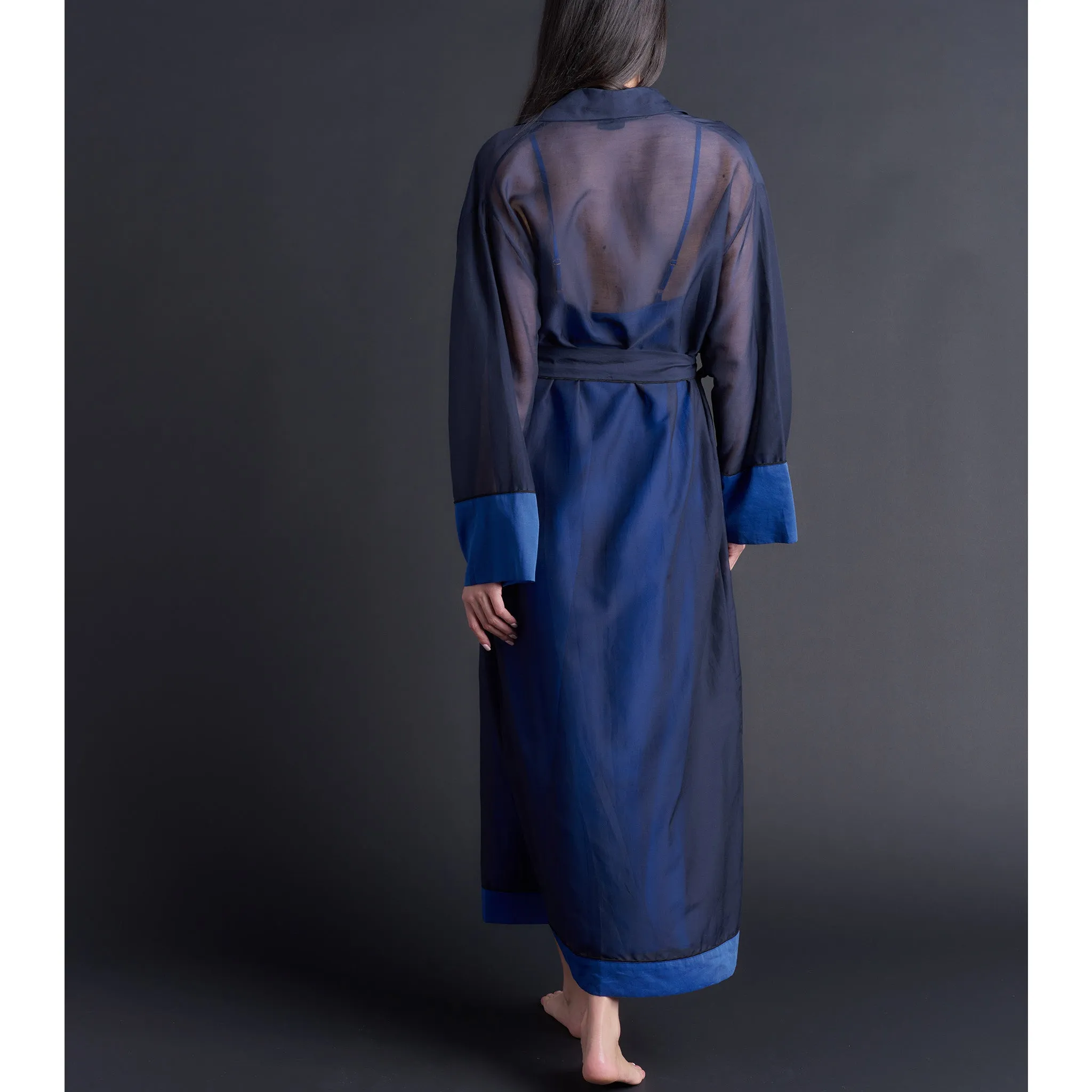 Long Claudette Robe in Color-block Sapphire Silk Cotton Voile