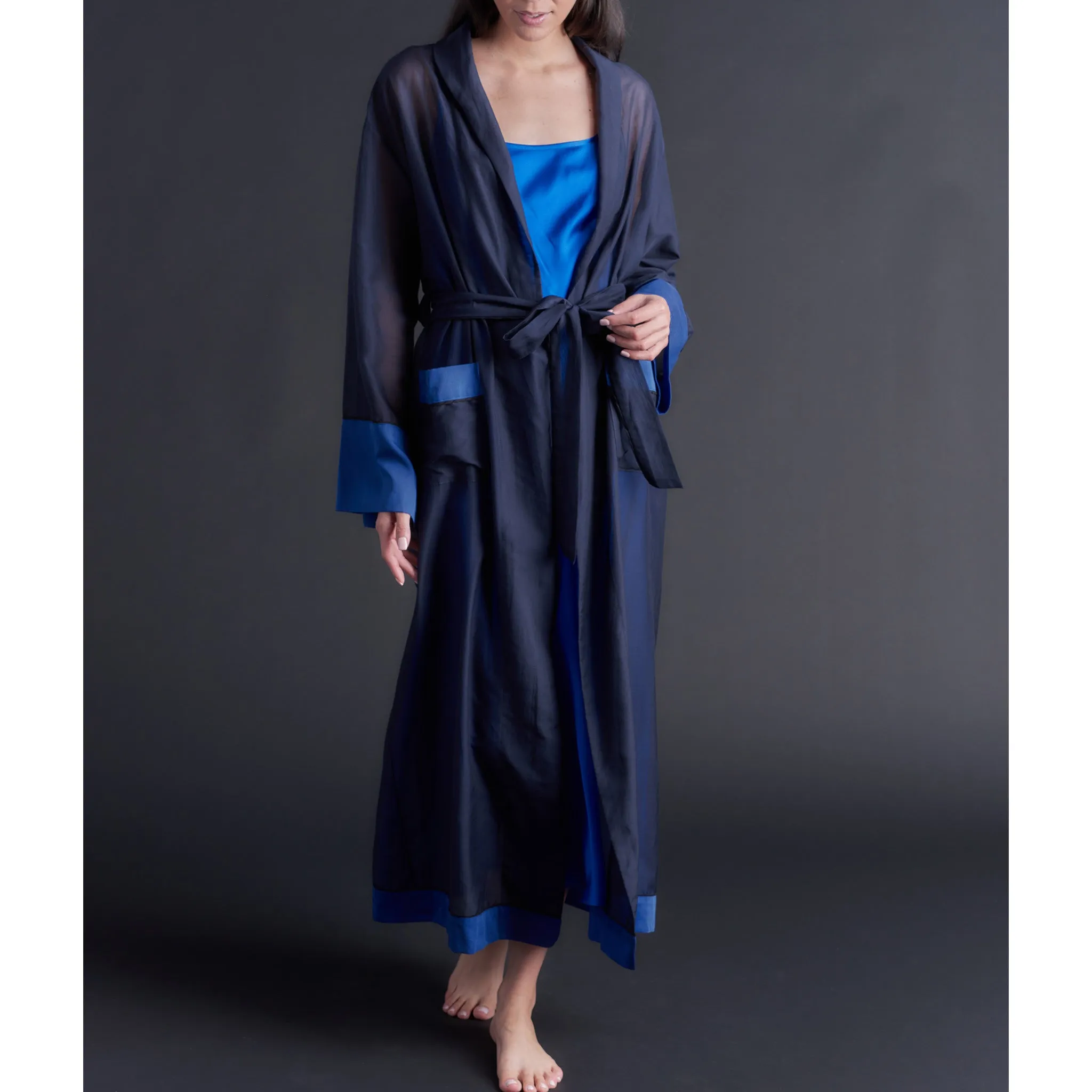 Long Claudette Robe in Color-block Sapphire Silk Cotton Voile