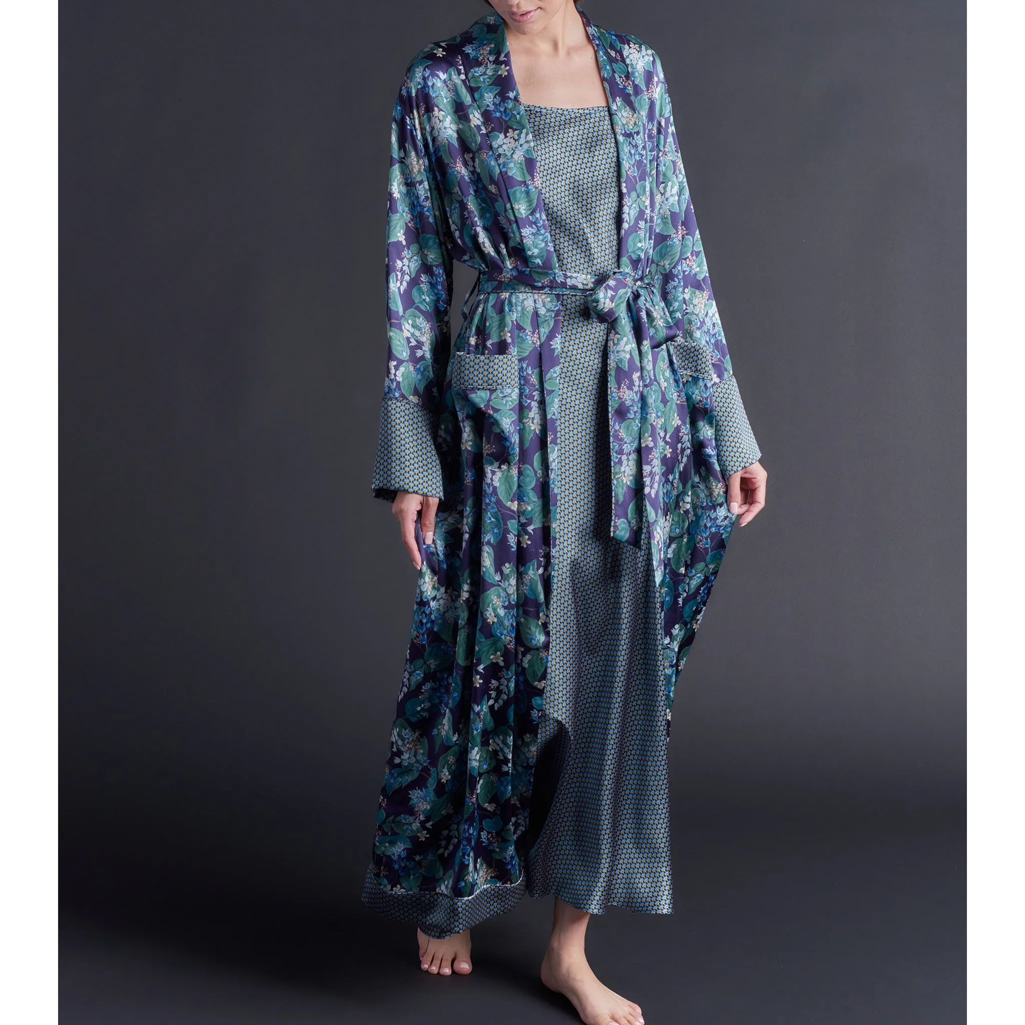 Long Claudette Robe in Osterley Liberty Print Silk Satin