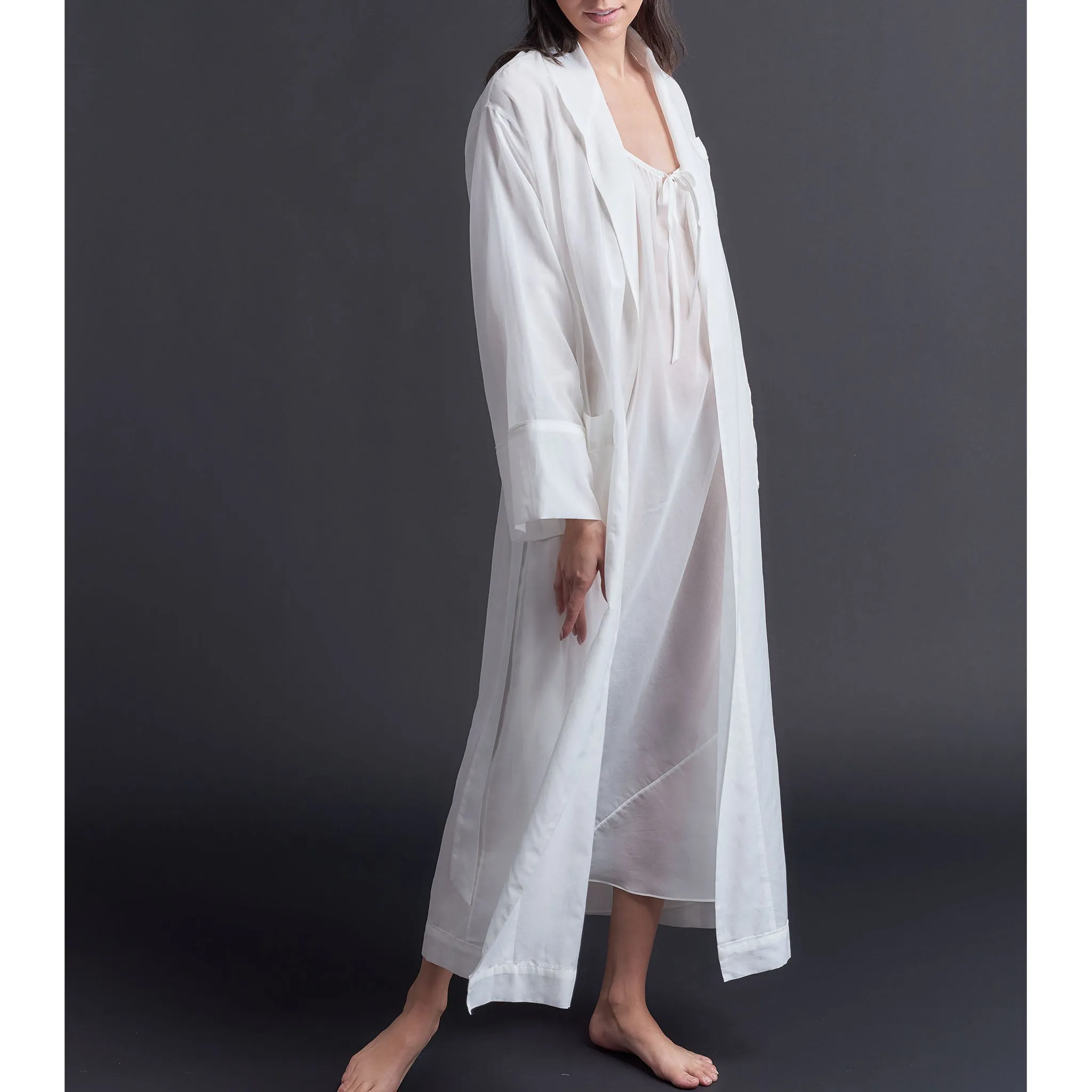 Long Claudette Robe in Pearl Silk Cotton Voile