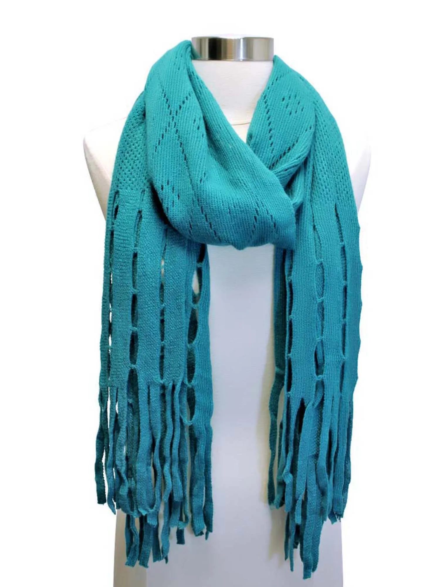 Long Fringy Diamond Pattern Knit Scarf