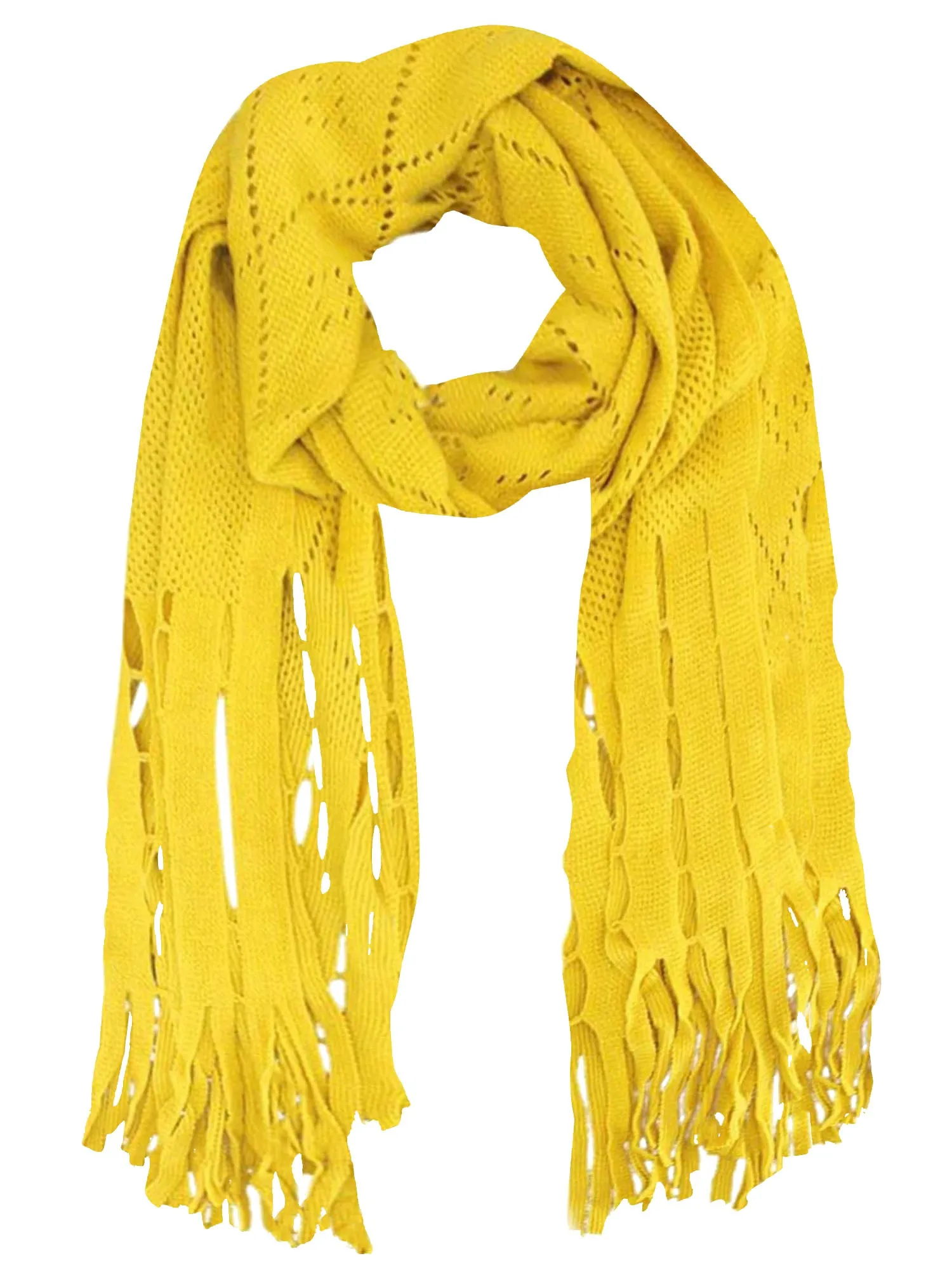 Long Fringy Diamond Pattern Knit Scarf