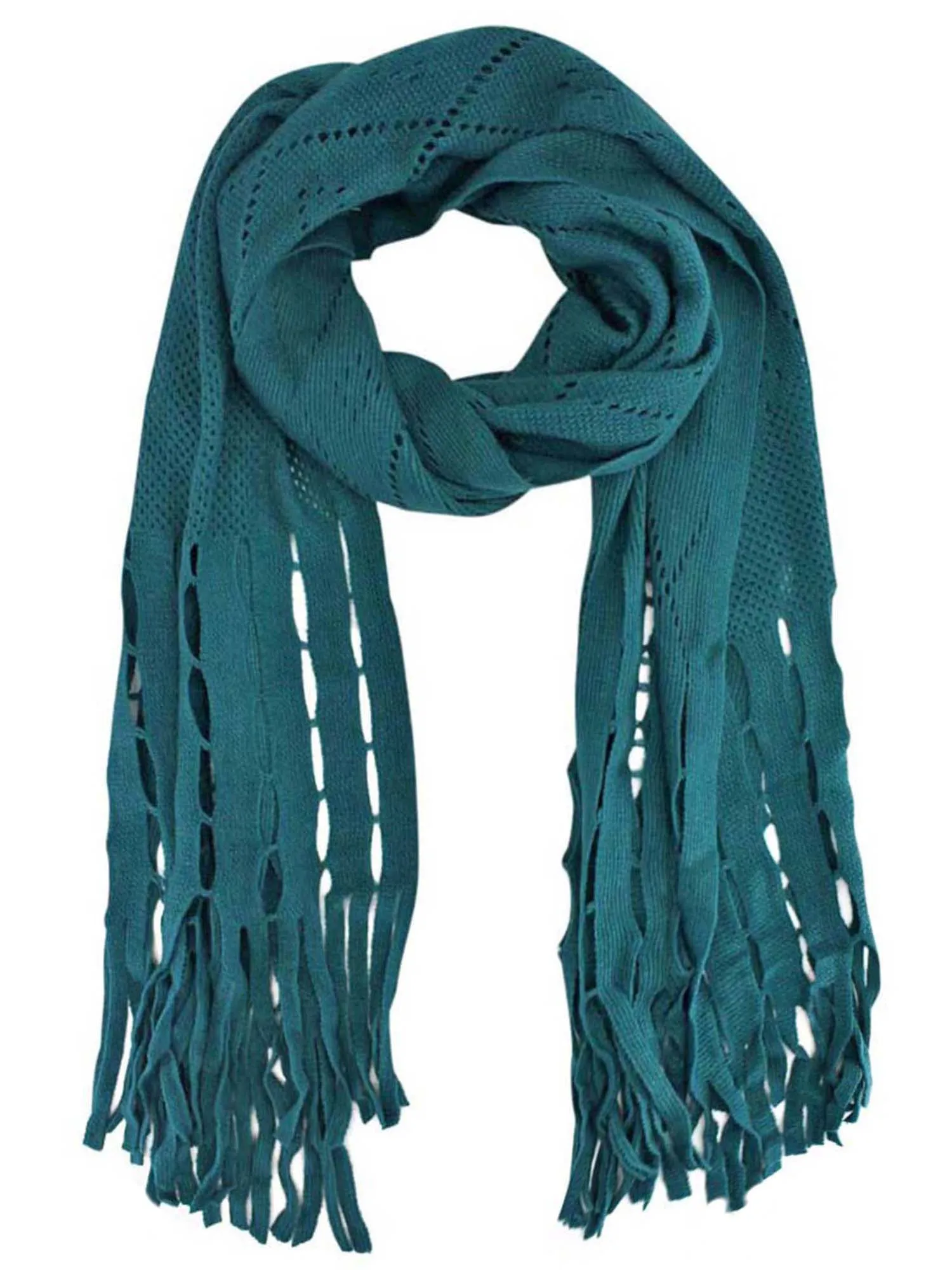 Long Fringy Diamond Pattern Knit Scarf