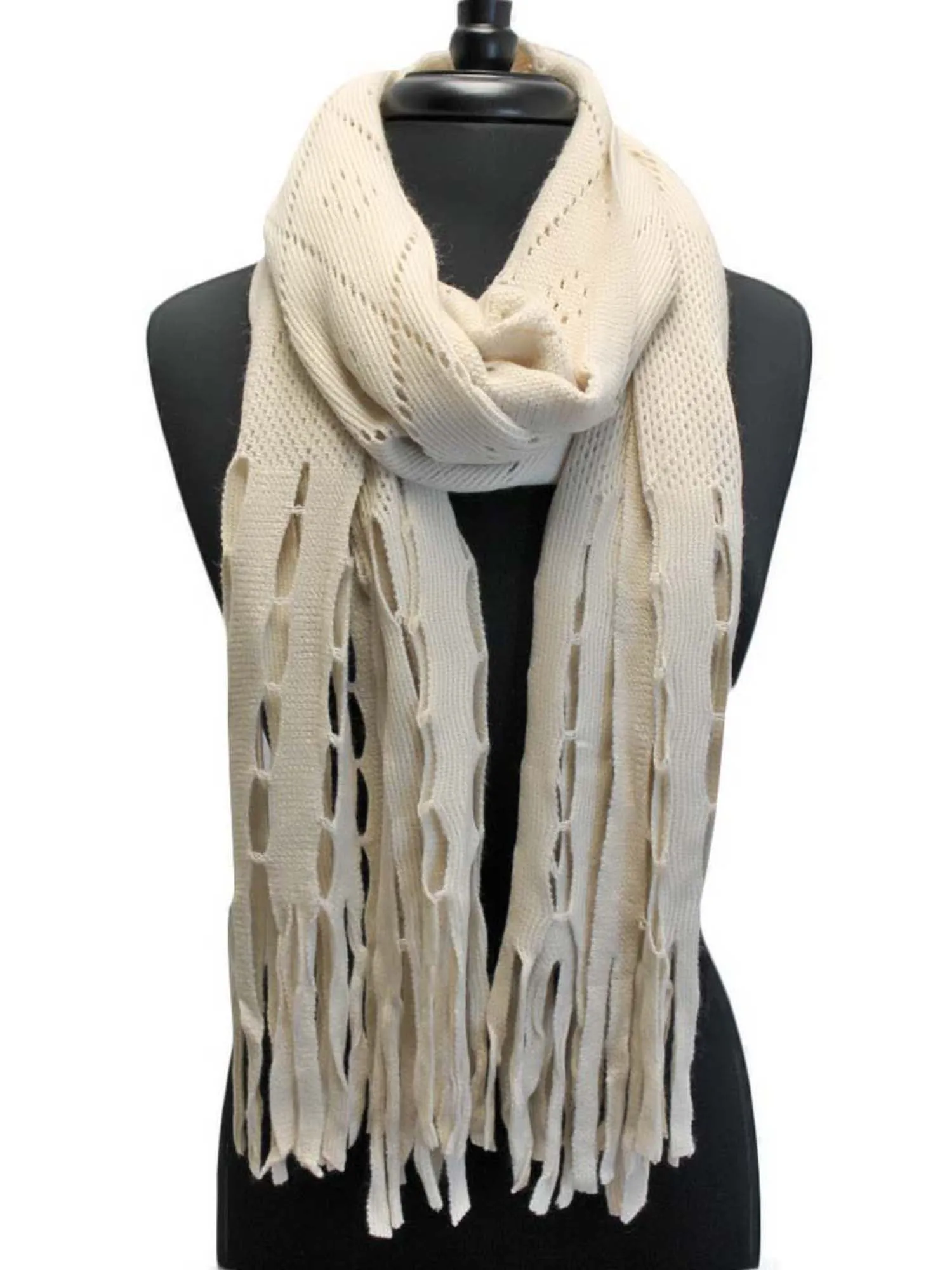 Long Fringy Diamond Pattern Knit Scarf