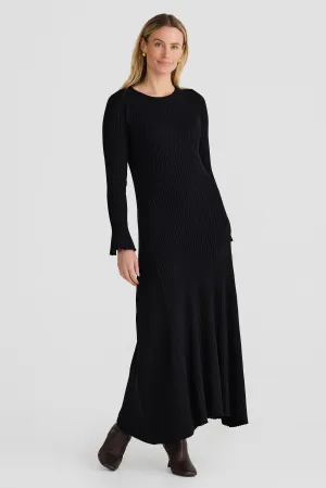 Long Sleeve Rib Knit Dress - Black